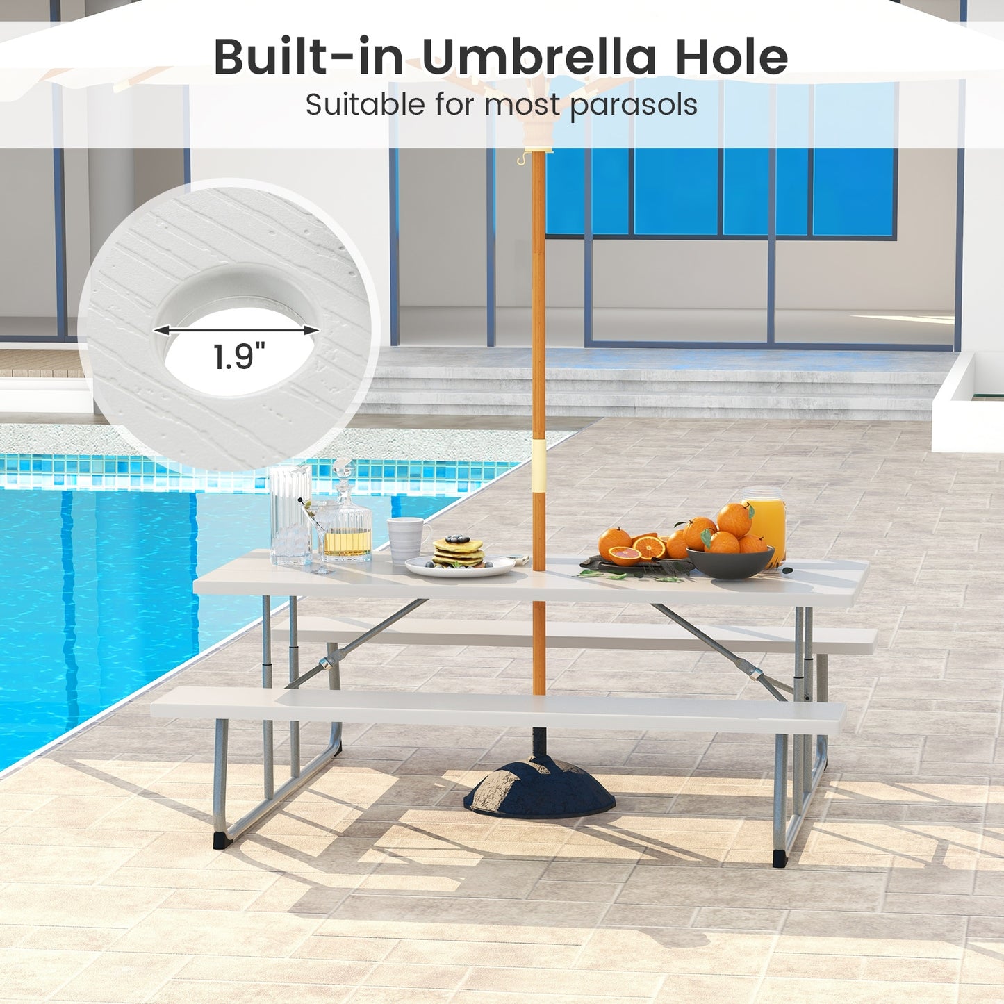 Folding Picnic Table Set with Metal Frame and All-Weather HDPE Tabletop Umbrella Hole-Gray