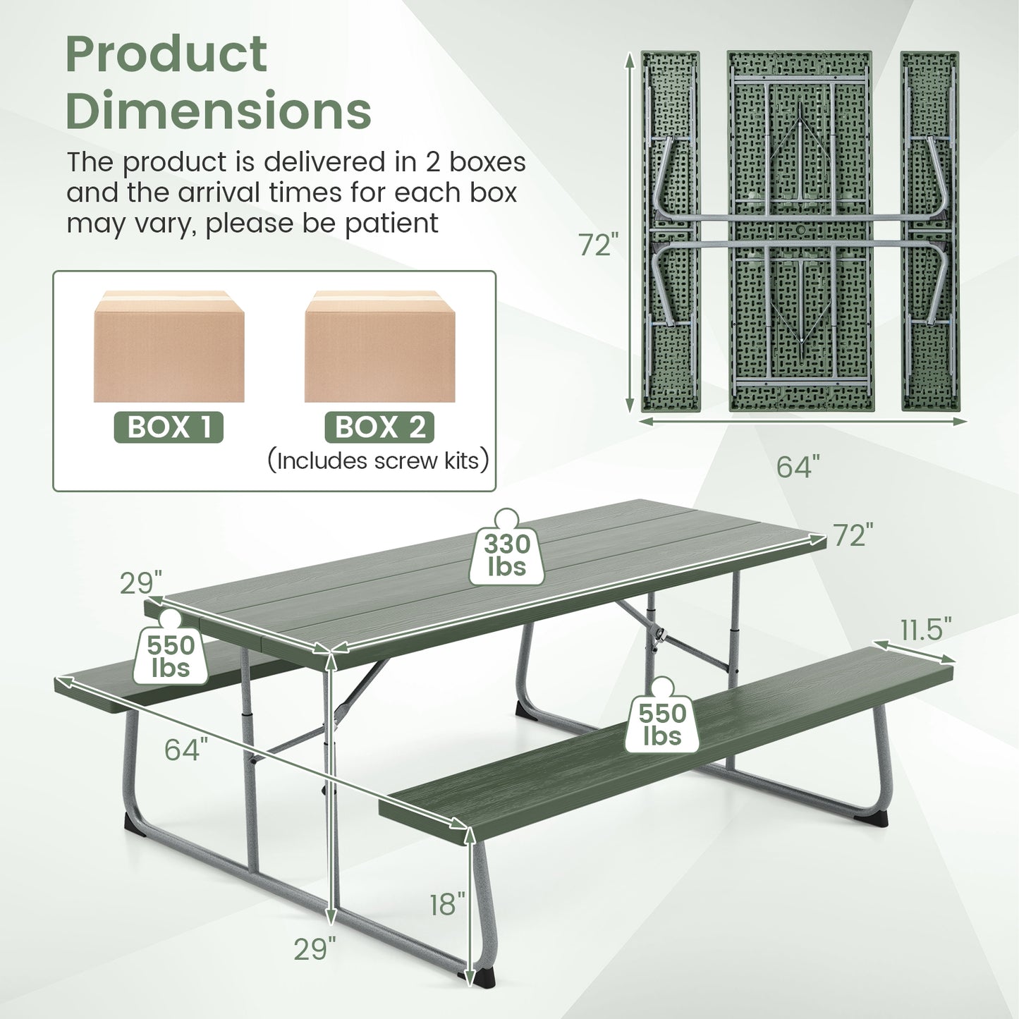 Folding Picnic Table Set with Metal Frame and All-Weather HDPE Tabletop Umbrella Hole-Green