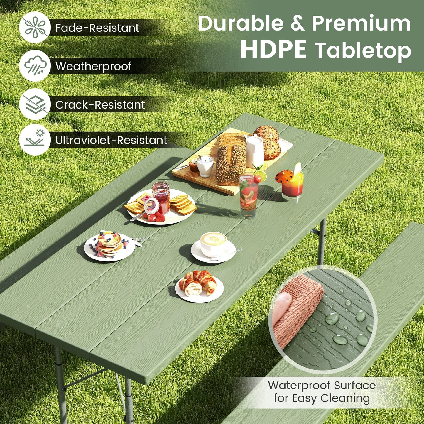 Folding Picnic Table Set with Metal Frame and All-Weather HDPE Tabletop Umbrella Hole-Green