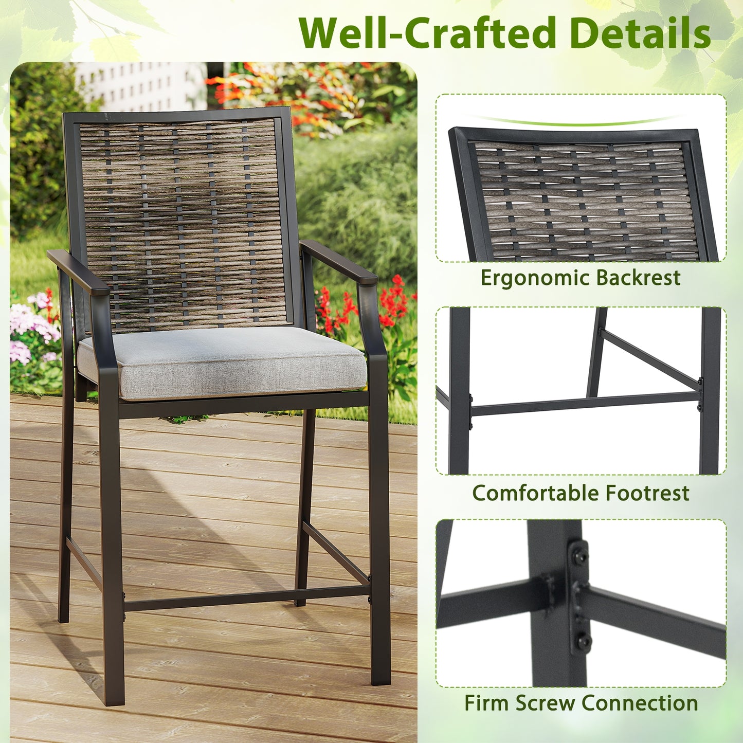 Patio Bar Stools Set of 2 Counter Height Rattan Bar Chairs with Armrest-Grey