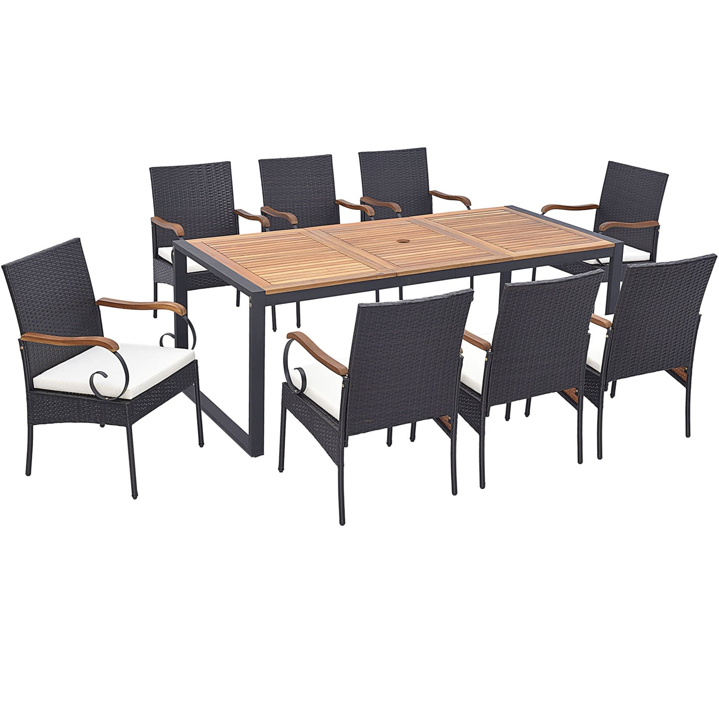 9 Pieces Patio Rattan Dining Set with Acacia Wood Table for Backyard Garden-Curved Handrail
