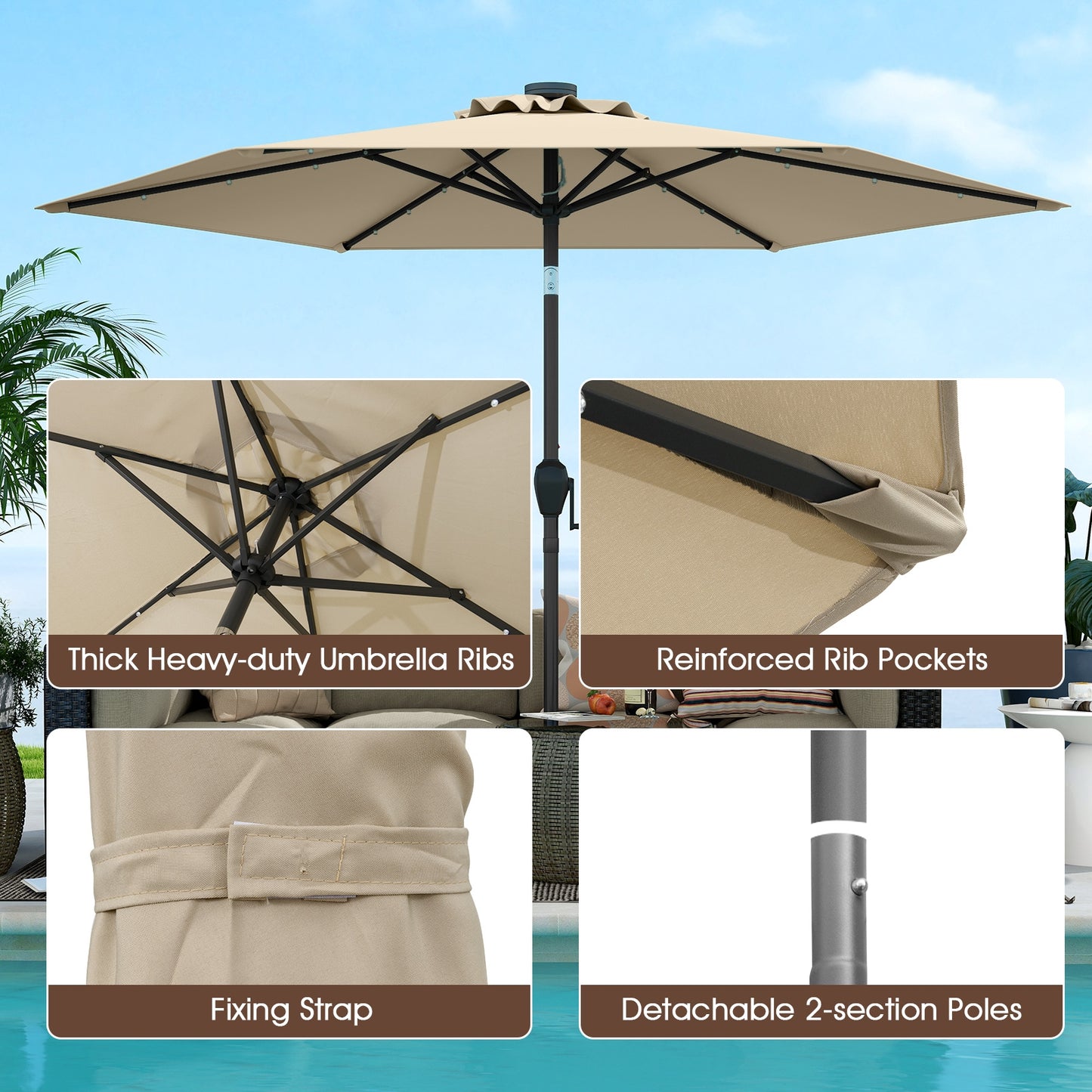 7.5 Feet Solar Powered Patio Umbrella with LED Lights and Crank Handle-Beige