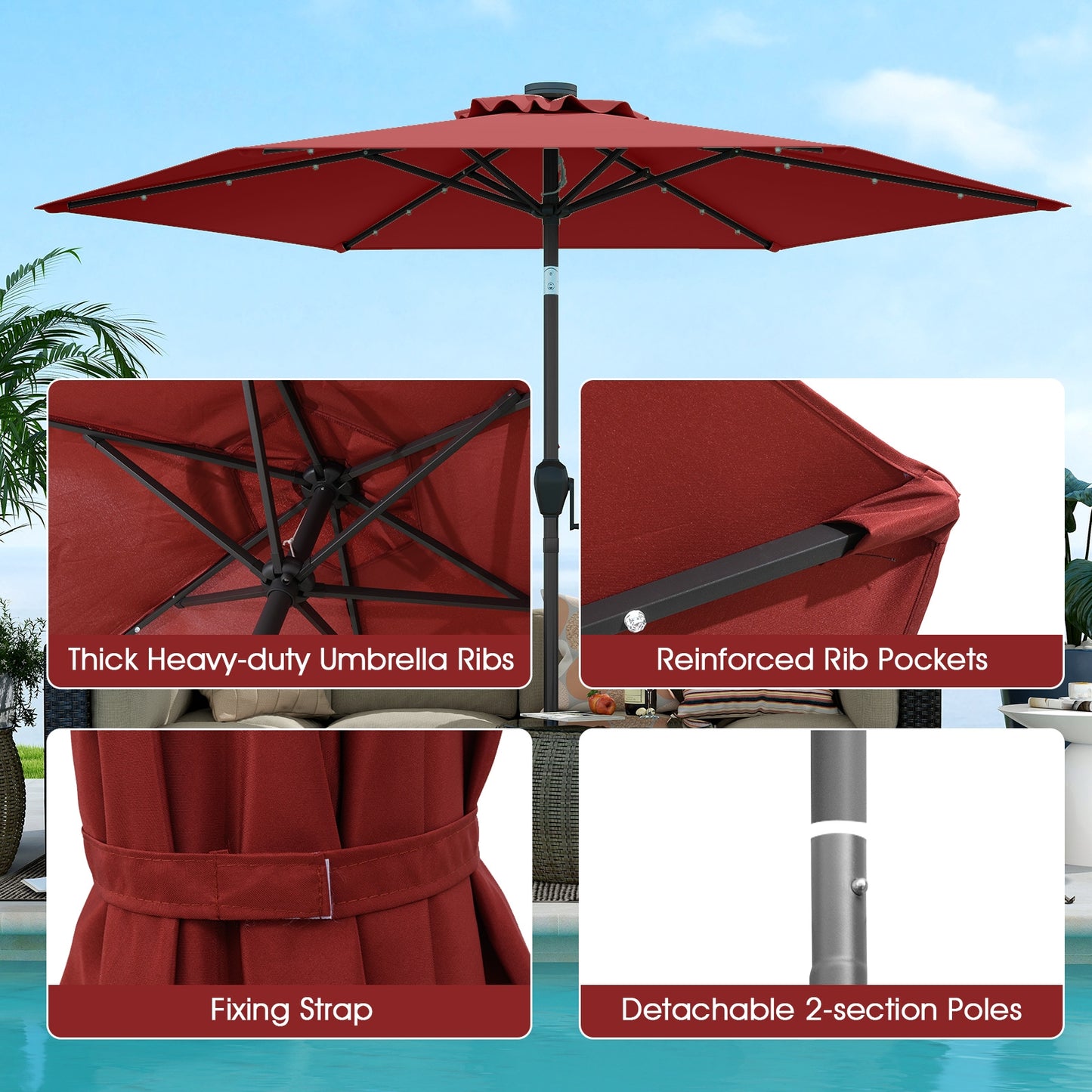 7.5 Feet Solar Powered Patio Umbrella with LED Lights and Crank Handle-Burgundy