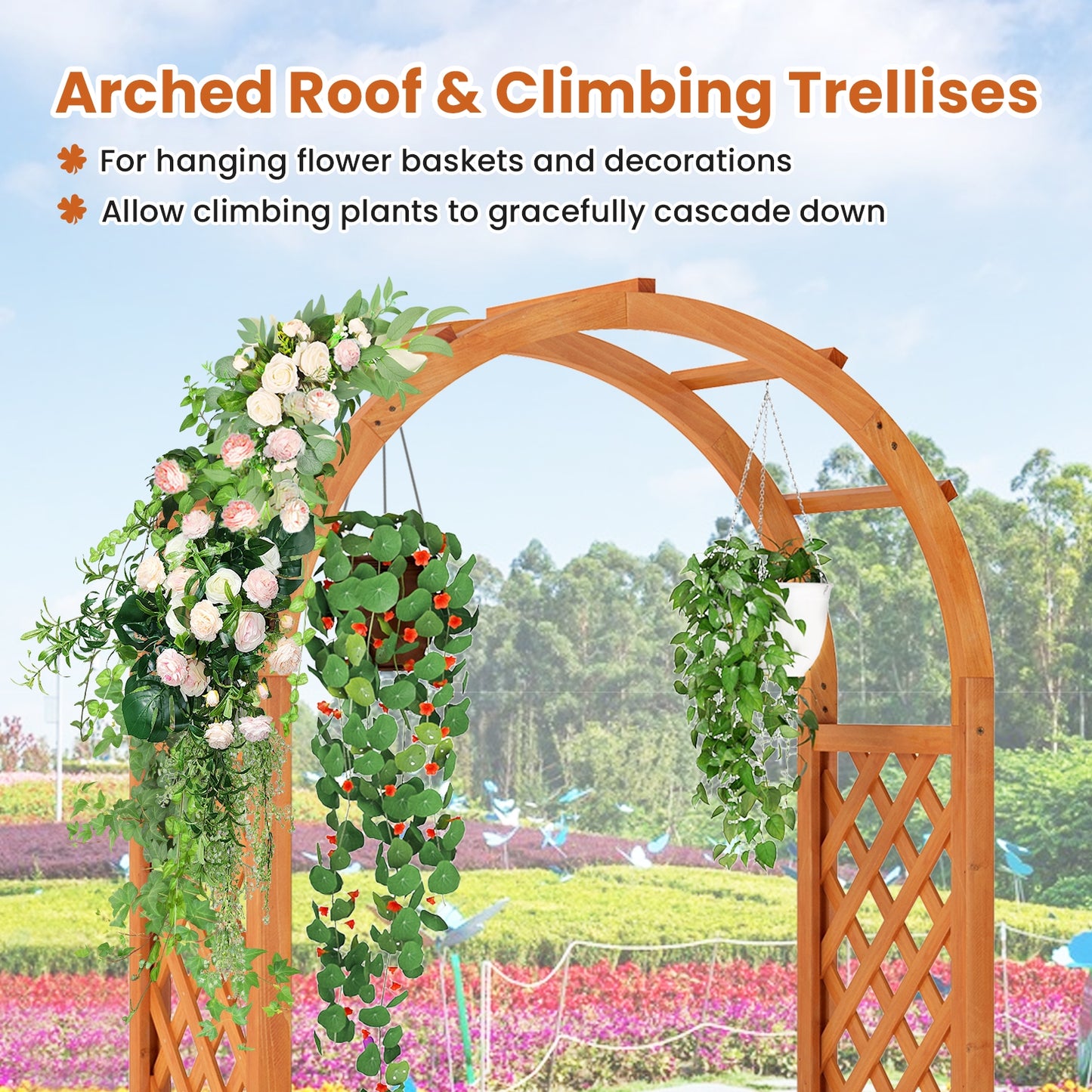 Raised Garden Bed with Lattice Trellis Ached Roof Wooden Elevated Planter Box-Brown