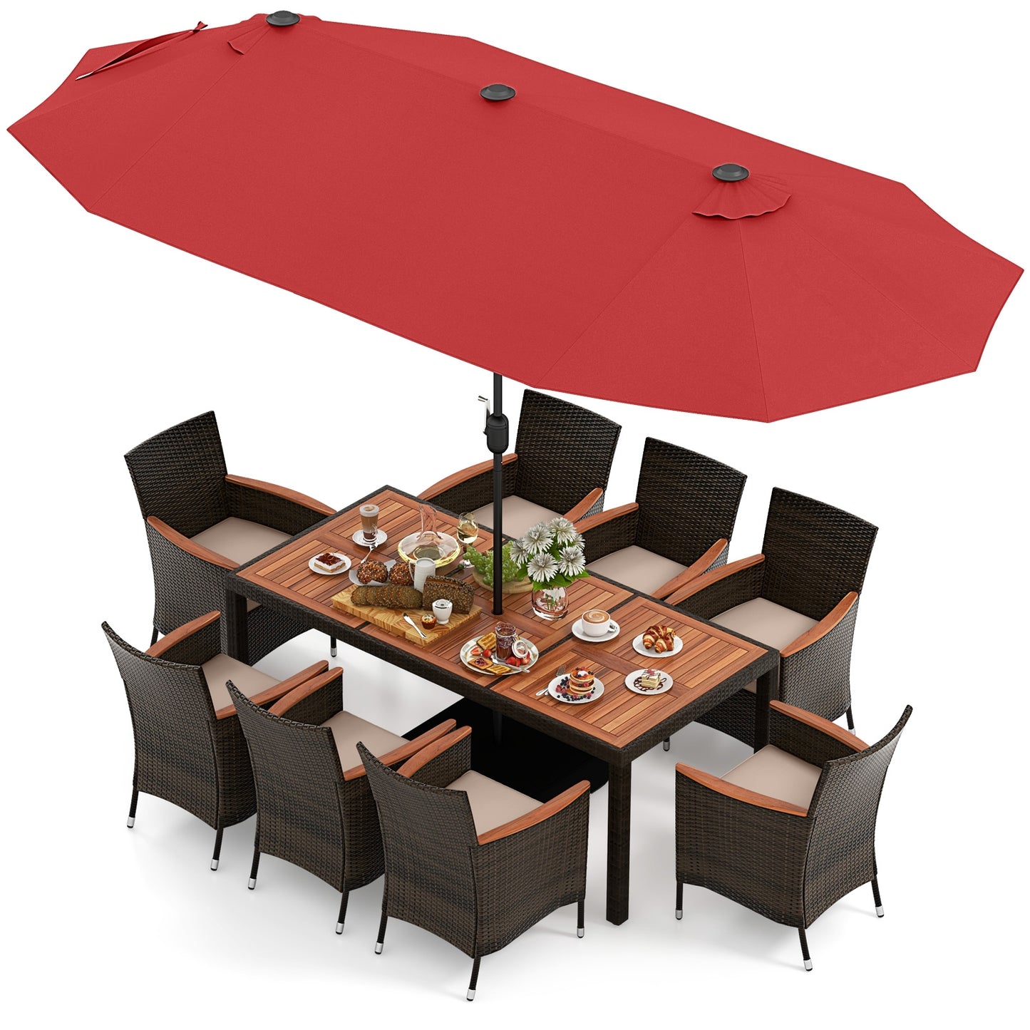 9 Piece Outdoor Dining Set with 15 Feet Double-Sided Twin Patio Umbrella-Red