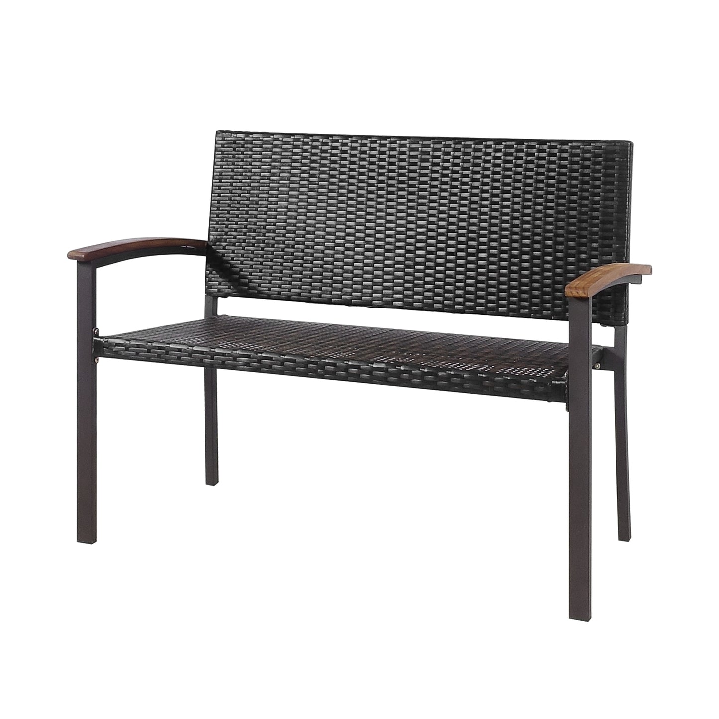 Patio Rattan Wicker Bench with Armrest for Garden
