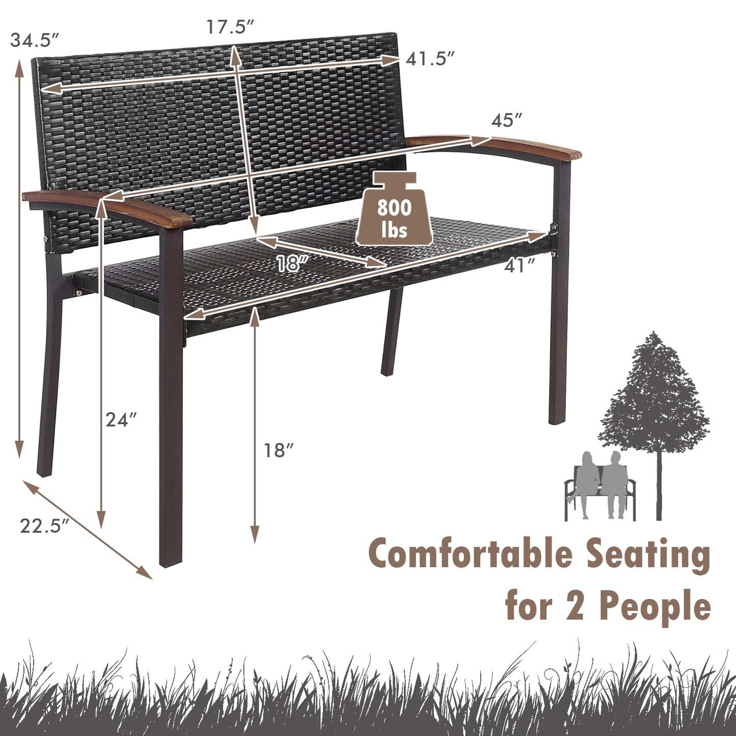 Patio Rattan Wicker Bench with Armrest for Garden