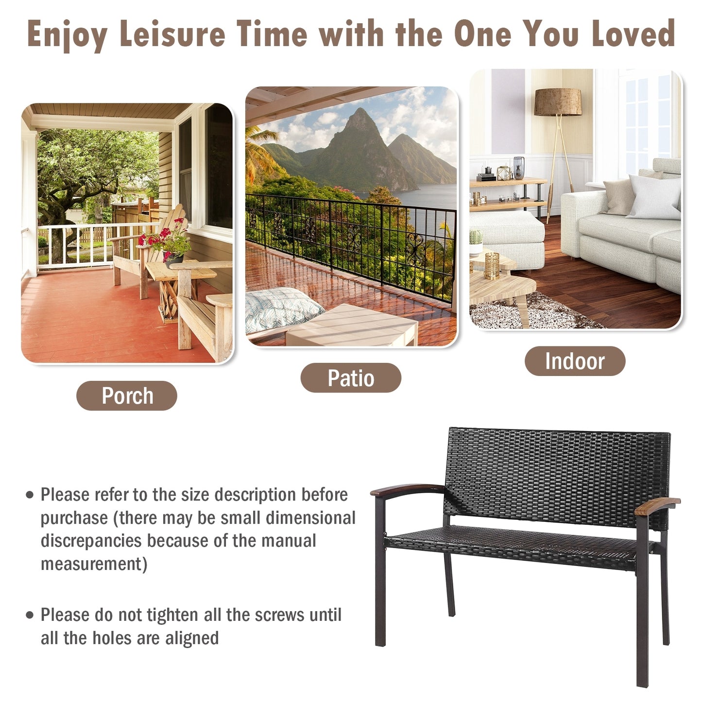 Patio Rattan Wicker Bench with Armrest for Garden