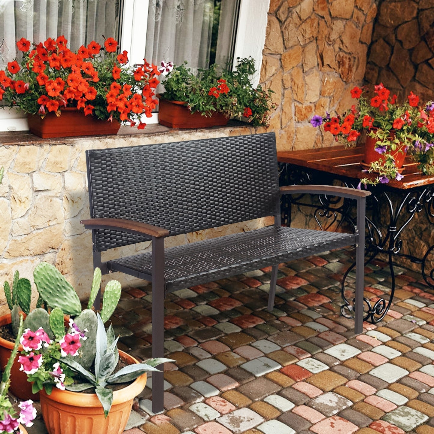 Patio Rattan Wicker Bench with Armrest for Garden