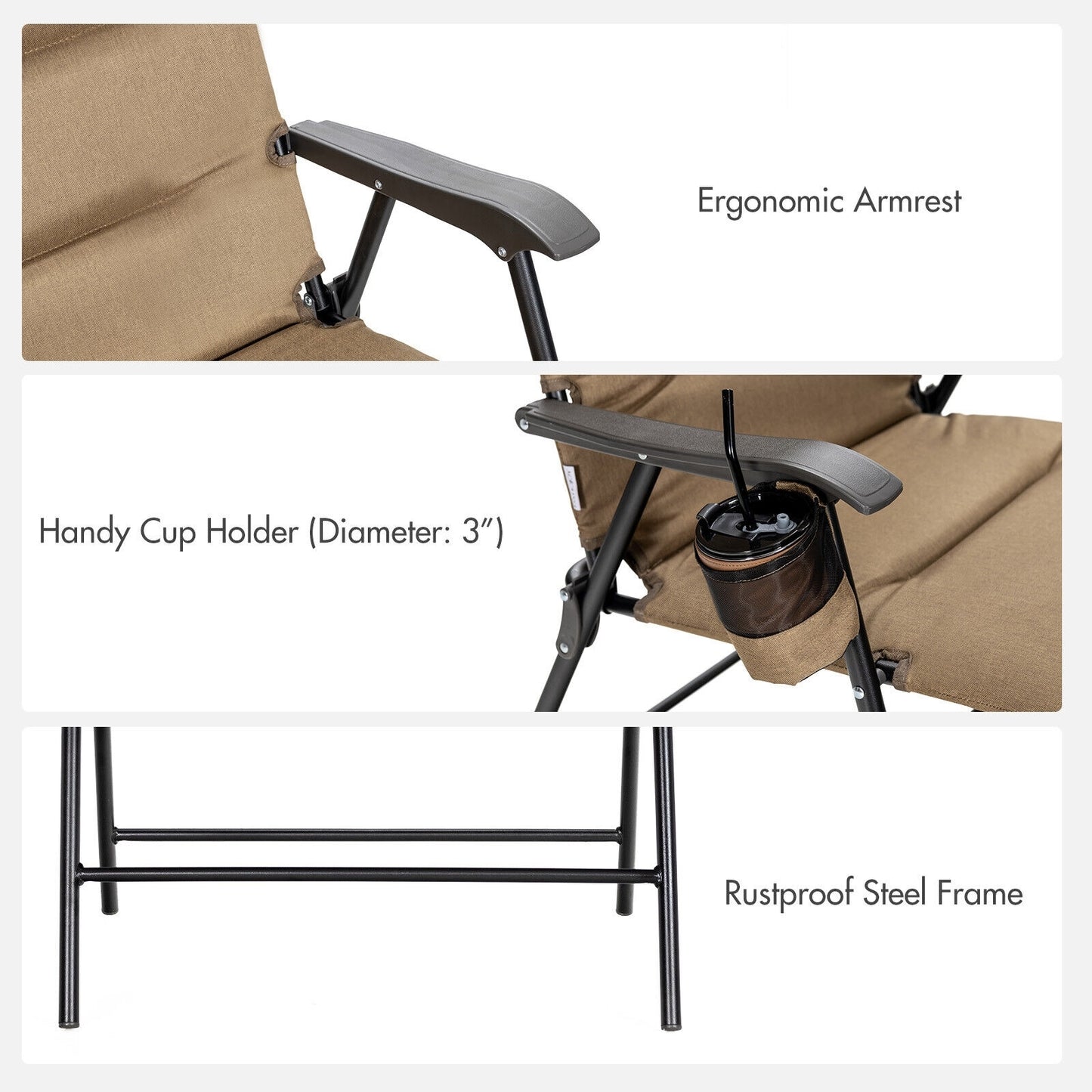 2 Pieces Patio Padded Folding Portable Chair Camping Dining Outdoor-Brown
