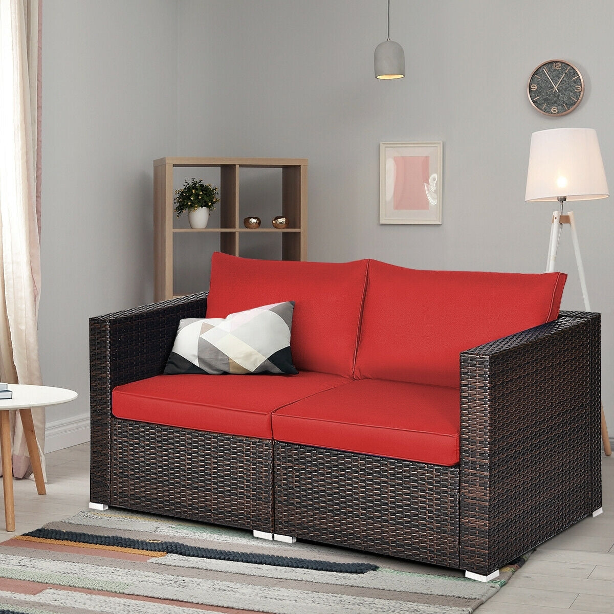 2 Pieces Patio Rattan Sectional Conversation Sofa Set-Red