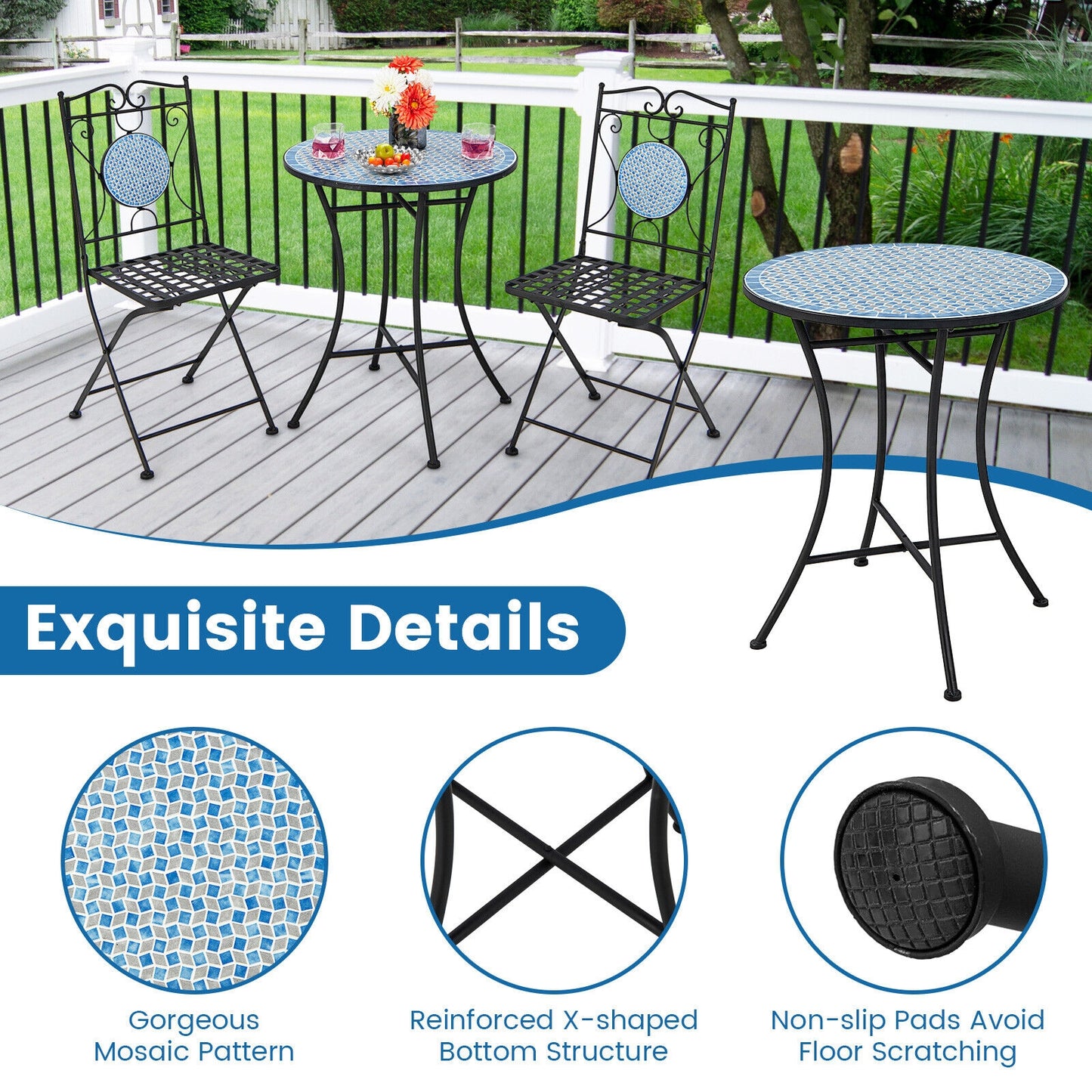 3 Pieces Patio Bistro Set Outdoor Furniture Mosaic Table Chairs