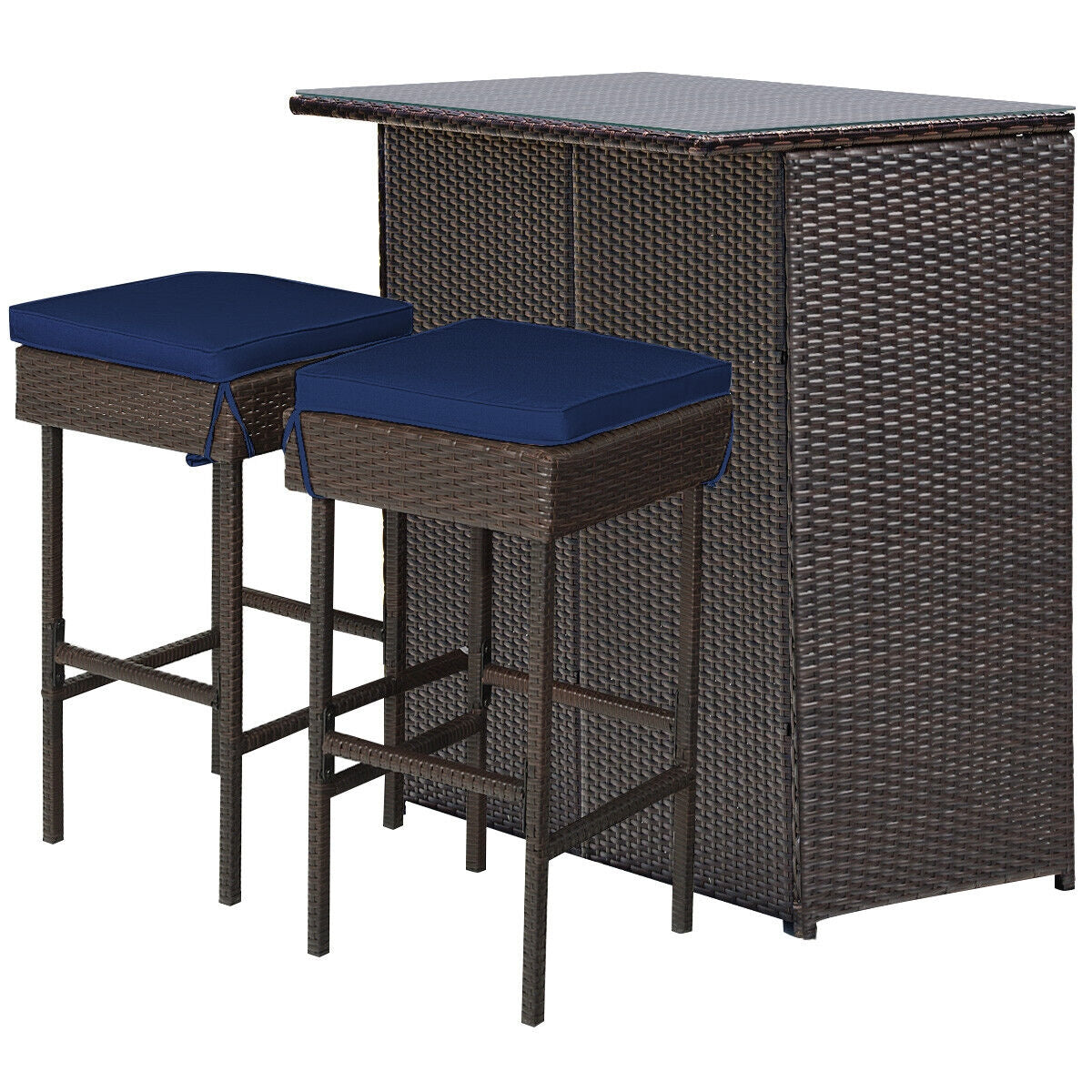 3 Pieces Patio Rattan Wicker Bar Table Stools Dining Set-Navy & Off White