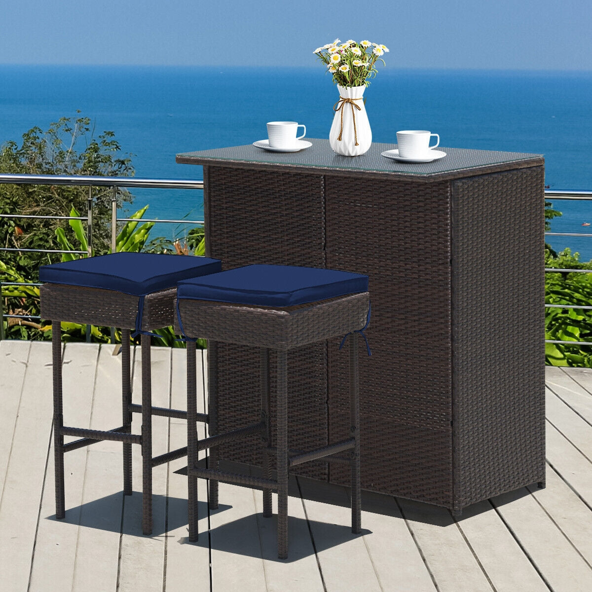 3 Pieces Patio Rattan Wicker Bar Table Stools Dining Set-Navy & Off White