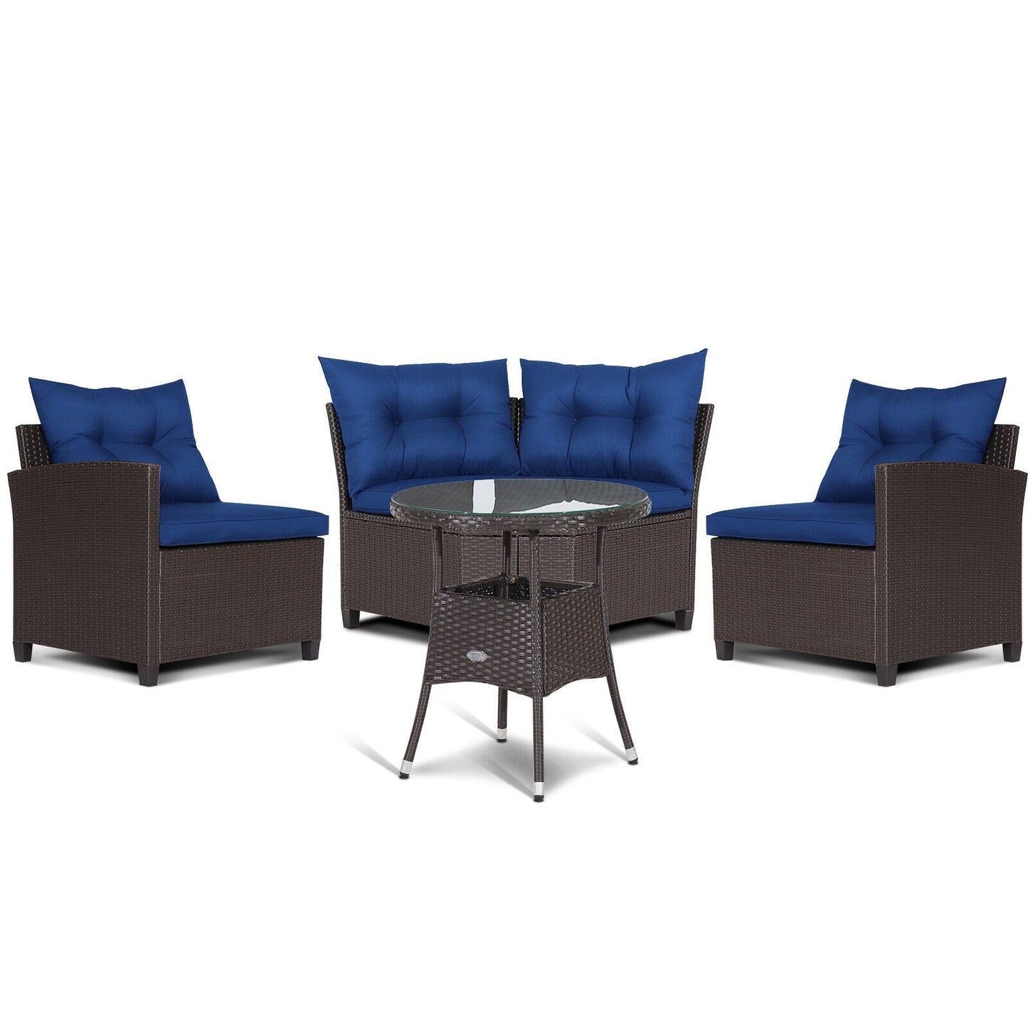 4 Pieces Patio Rattan Furniture Set Cushioned Sofa Glass Table-Navy