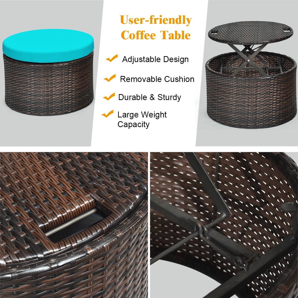 Patio Round Rattan Daybed with Retractable Canopy and Height Adjustable Coffee Table-Turquoise