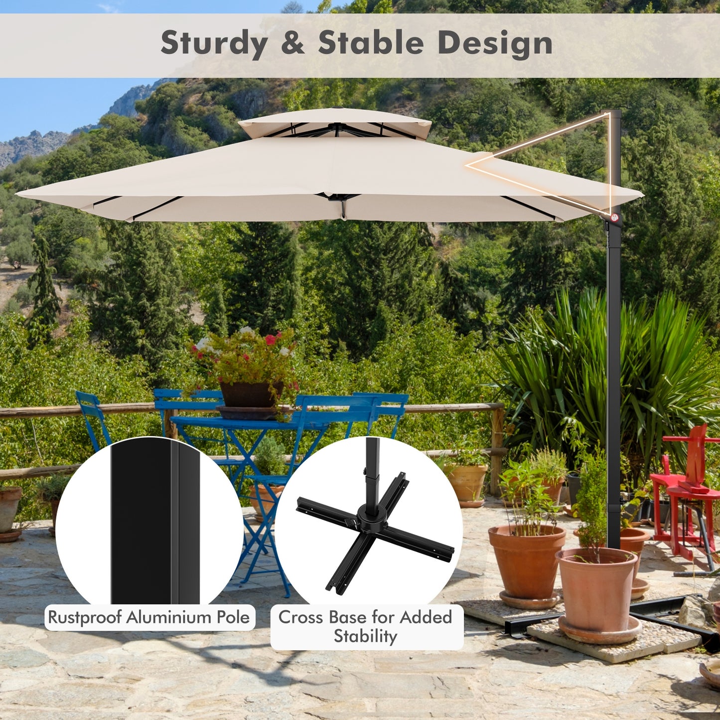 9.5 Feet Cantilever Patio Umbrella with 360° Rotation and Double Top-Beige