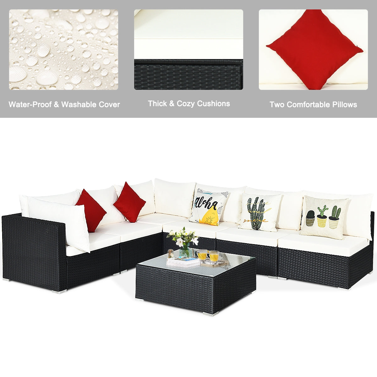 7 Pieces Sectional Wicker Furniture Sofa Set with Tempered Glass Top-Gray & Off White
