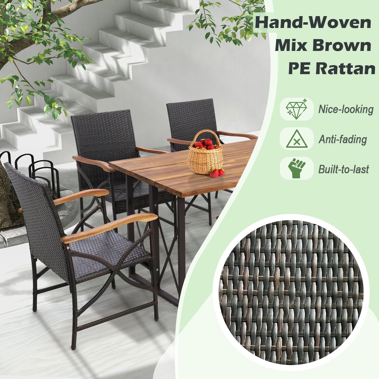 5 Pieces Patio Rattan Dining Set with Acacia Wood Tabletop and Armrests