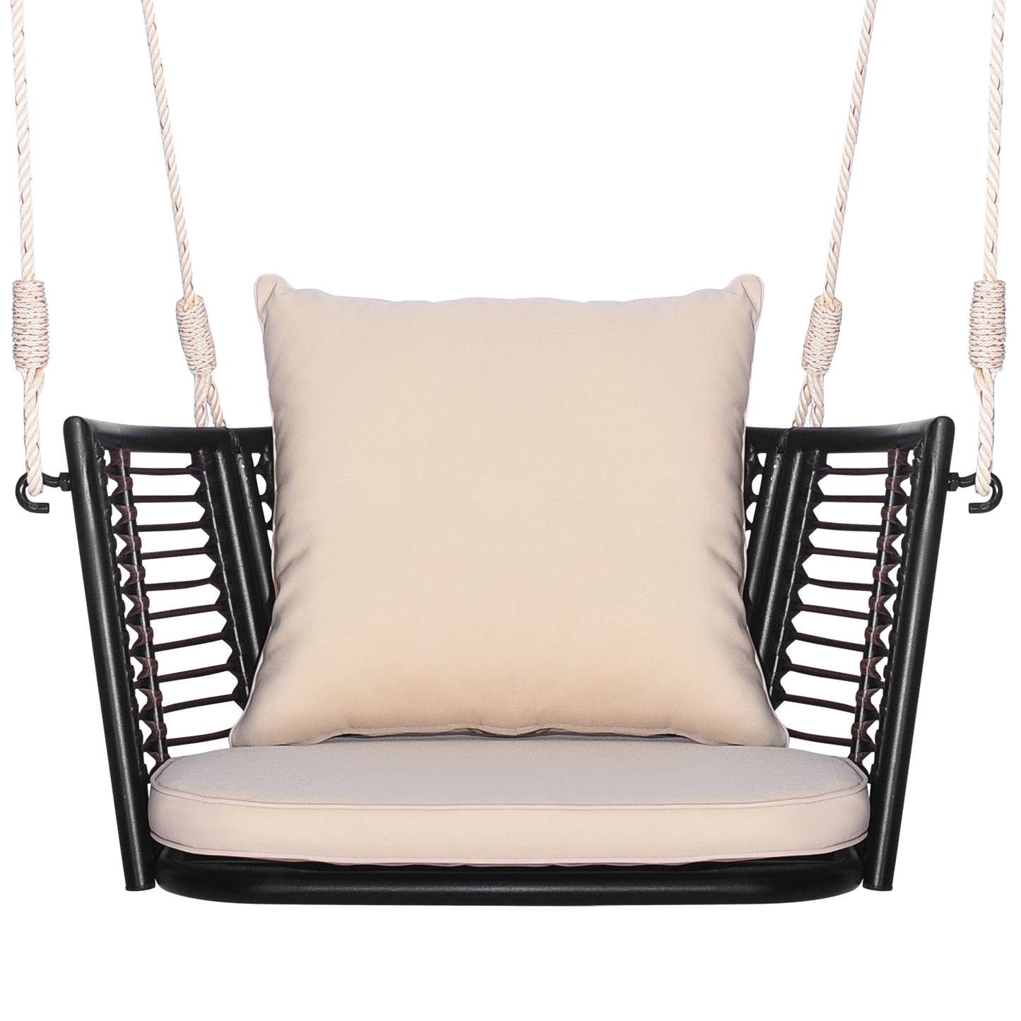 Single Person Hanging Seat with Woven Rattan Backrest for Backyard-Beige