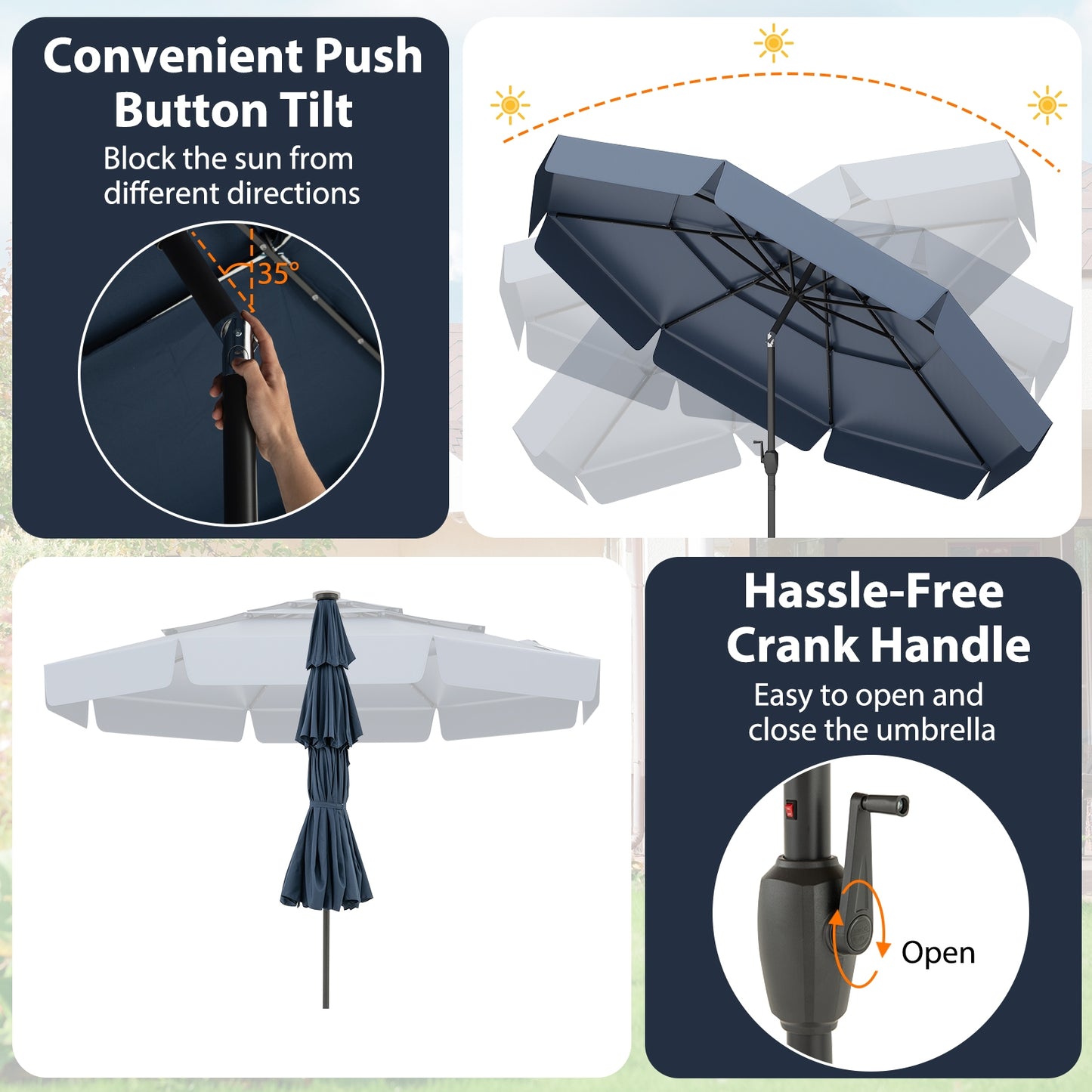 10 Feet Solar Patio Umbrella with 3-Tier Vented Top-Navy