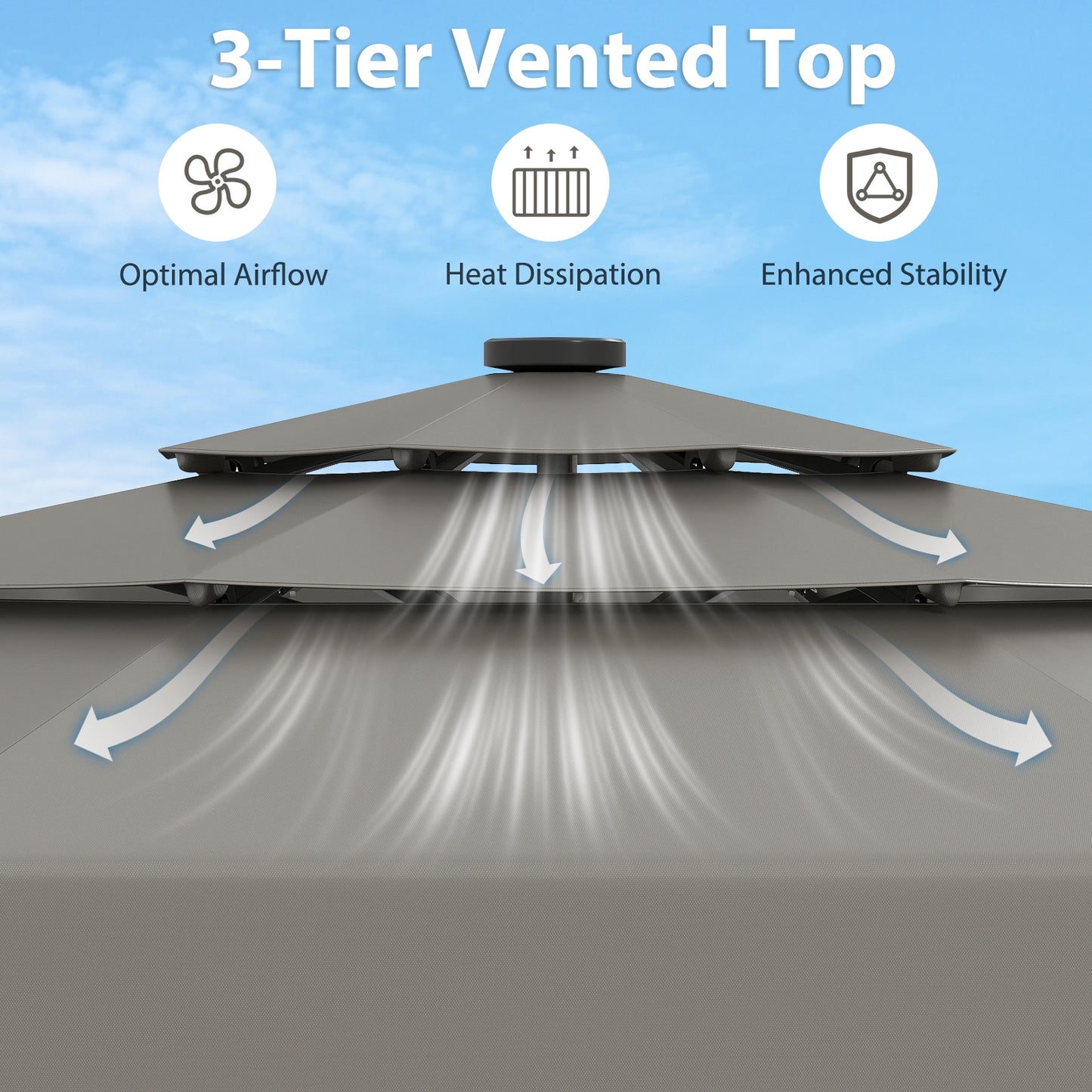 10 Feet Solar Patio Umbrella with 3-Tier Vented Top-Gray
