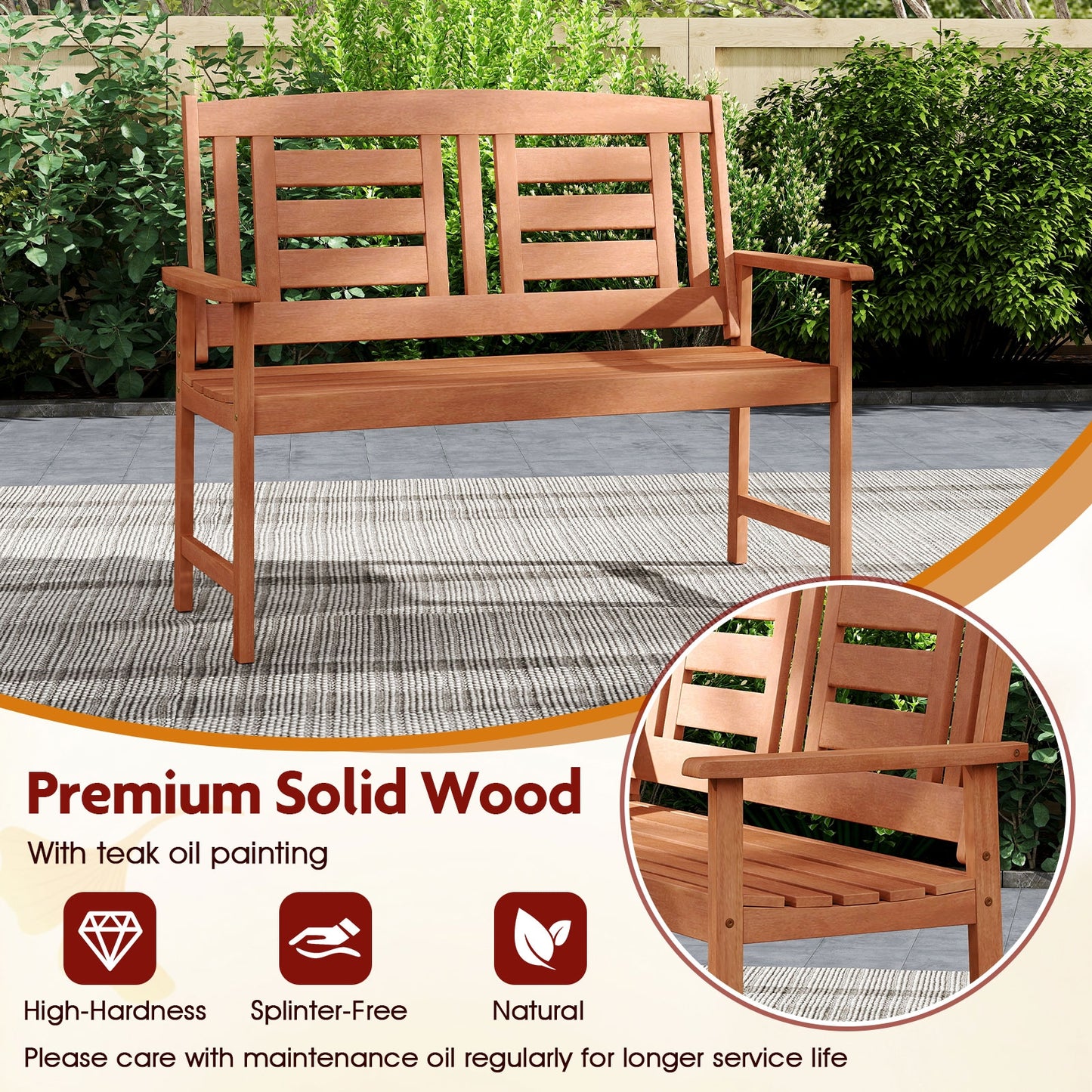 Outdoor Solid Wood Loveseat Hardwood 2-Seat Bench with Inclined Backrest and Slatted Seat