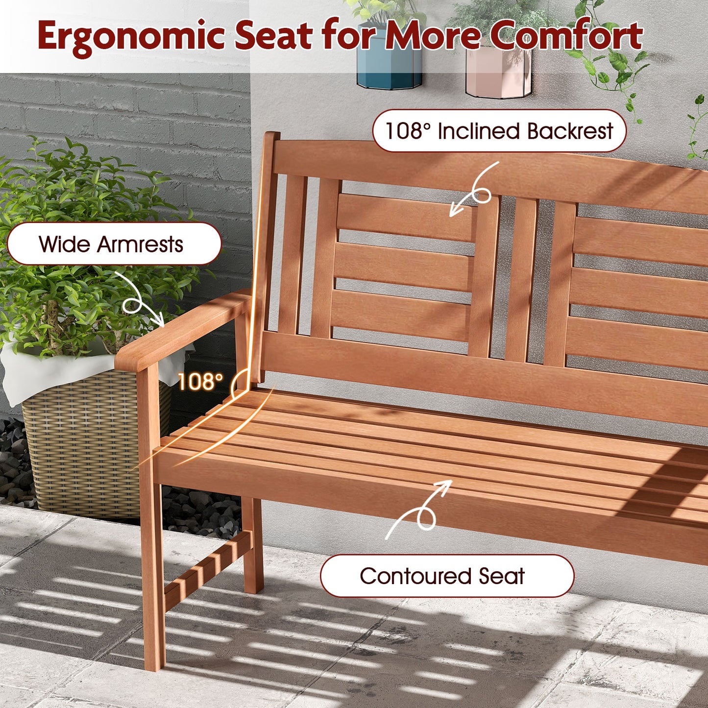 Outdoor Solid Wood Loveseat Hardwood 2-Seat Bench with Inclined Backrest and Slatted Seat