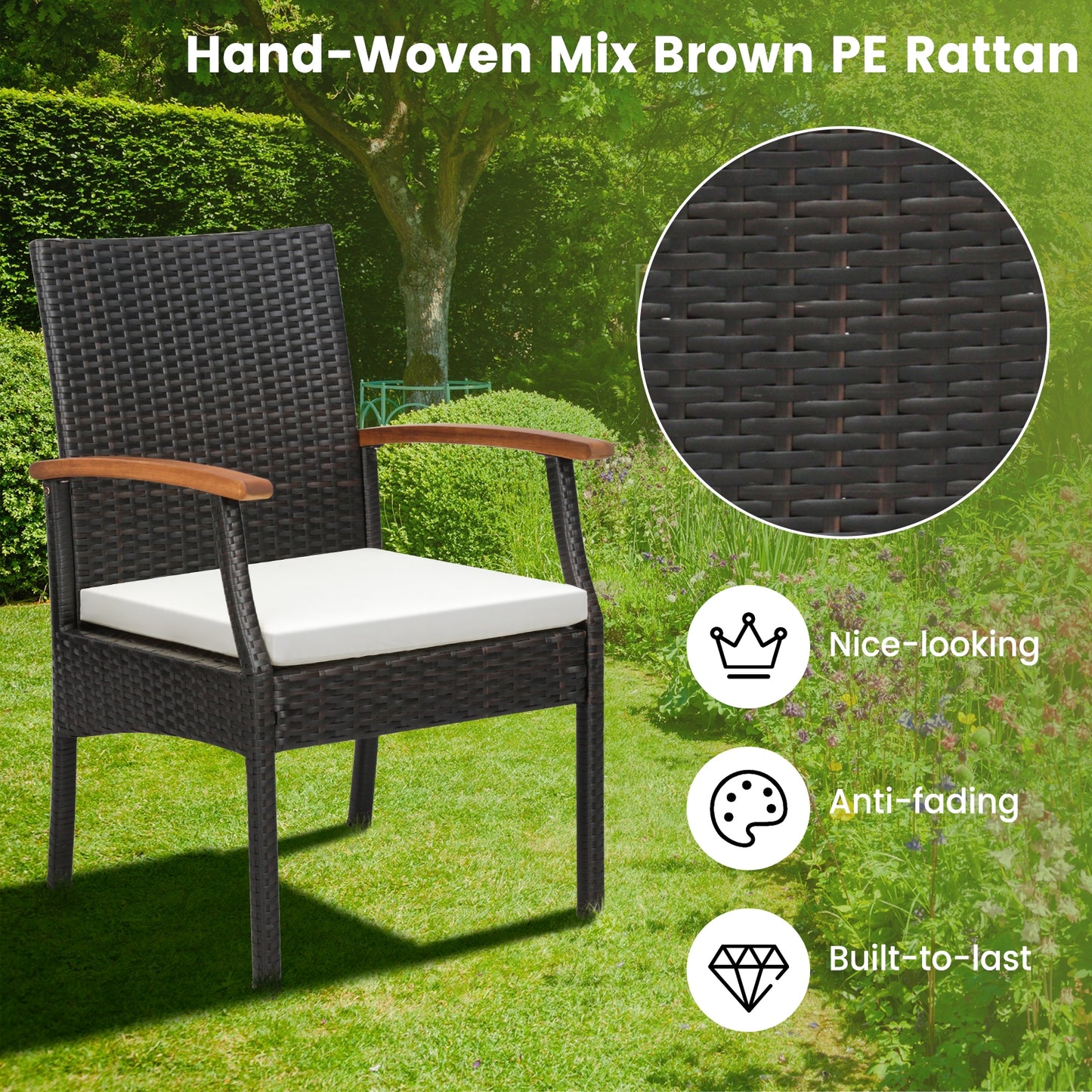 9 Pieces Patio Rattan Dining Set with Acacia Wood Table for Backyard Garden-Wood Handrail