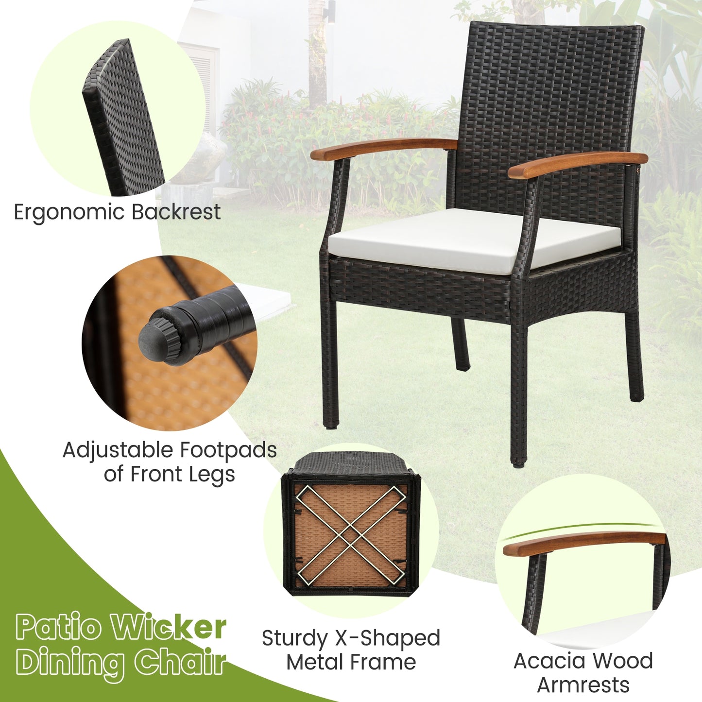 9 Pieces Patio Rattan Dining Set with Acacia Wood Table for Backyard Garden-Wood Handrail