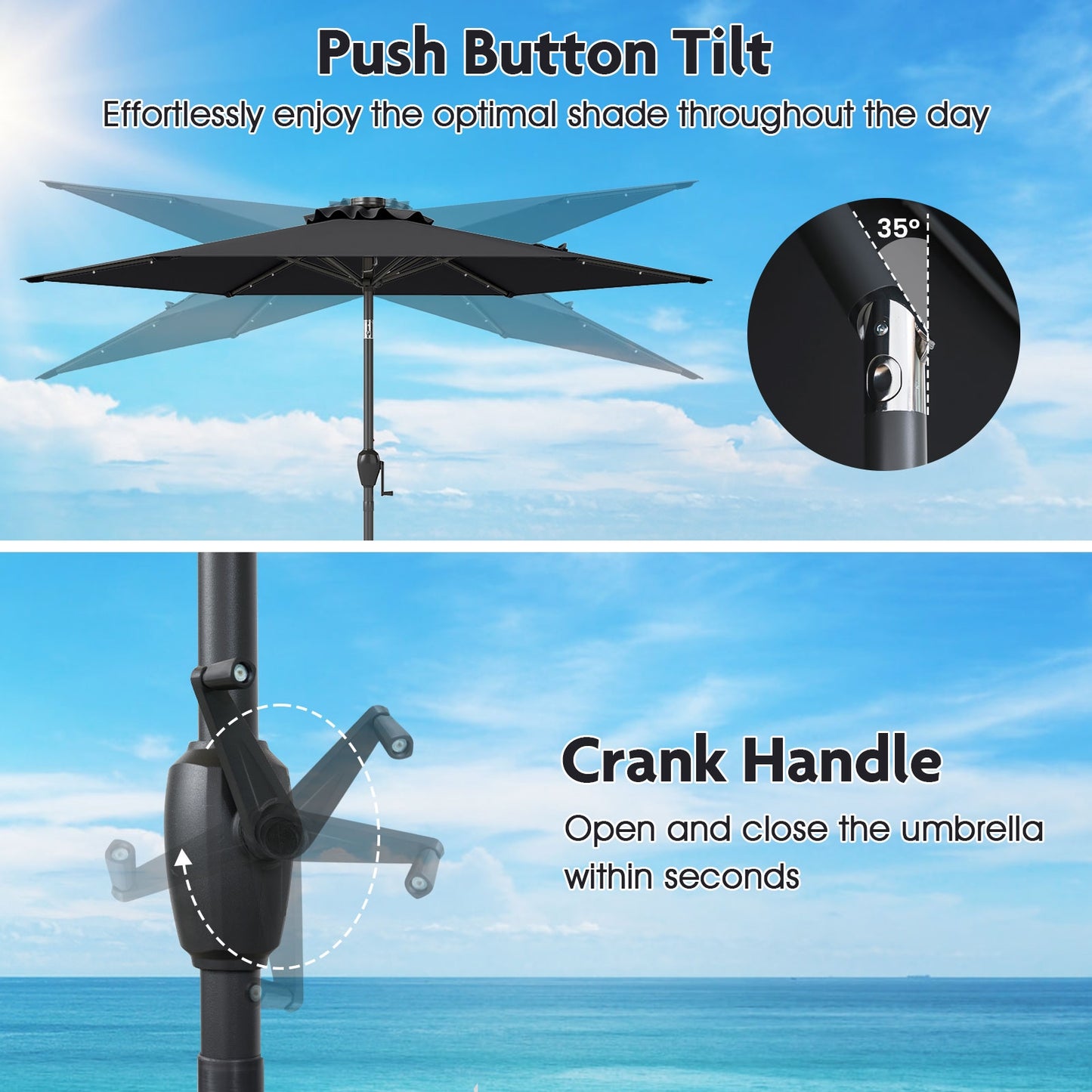 7.5 Feet Solar Powered Patio Umbrella with LED Lights and Crank Handle-Black