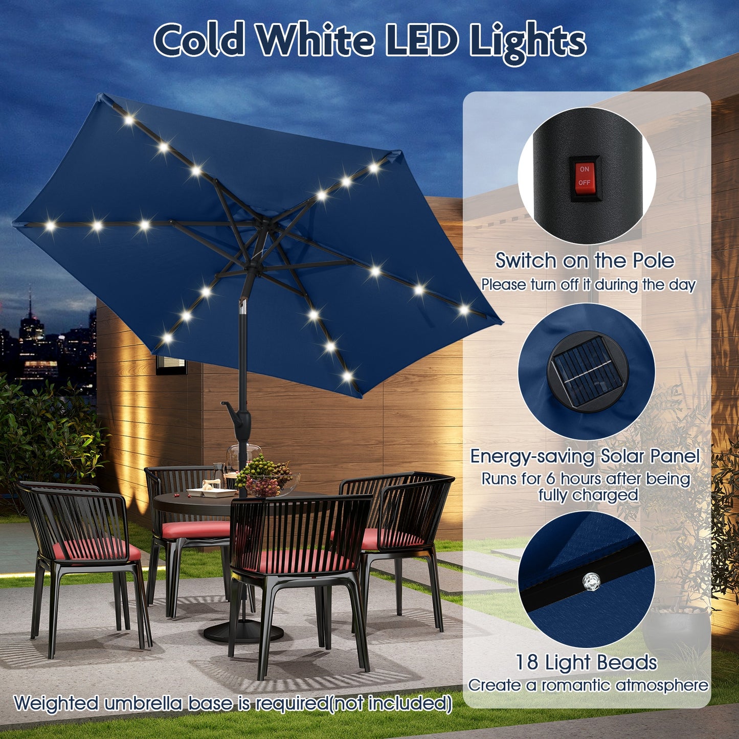 7.5 Feet Solar Powered Patio Umbrella with LED Lights and Crank Handle-Navy