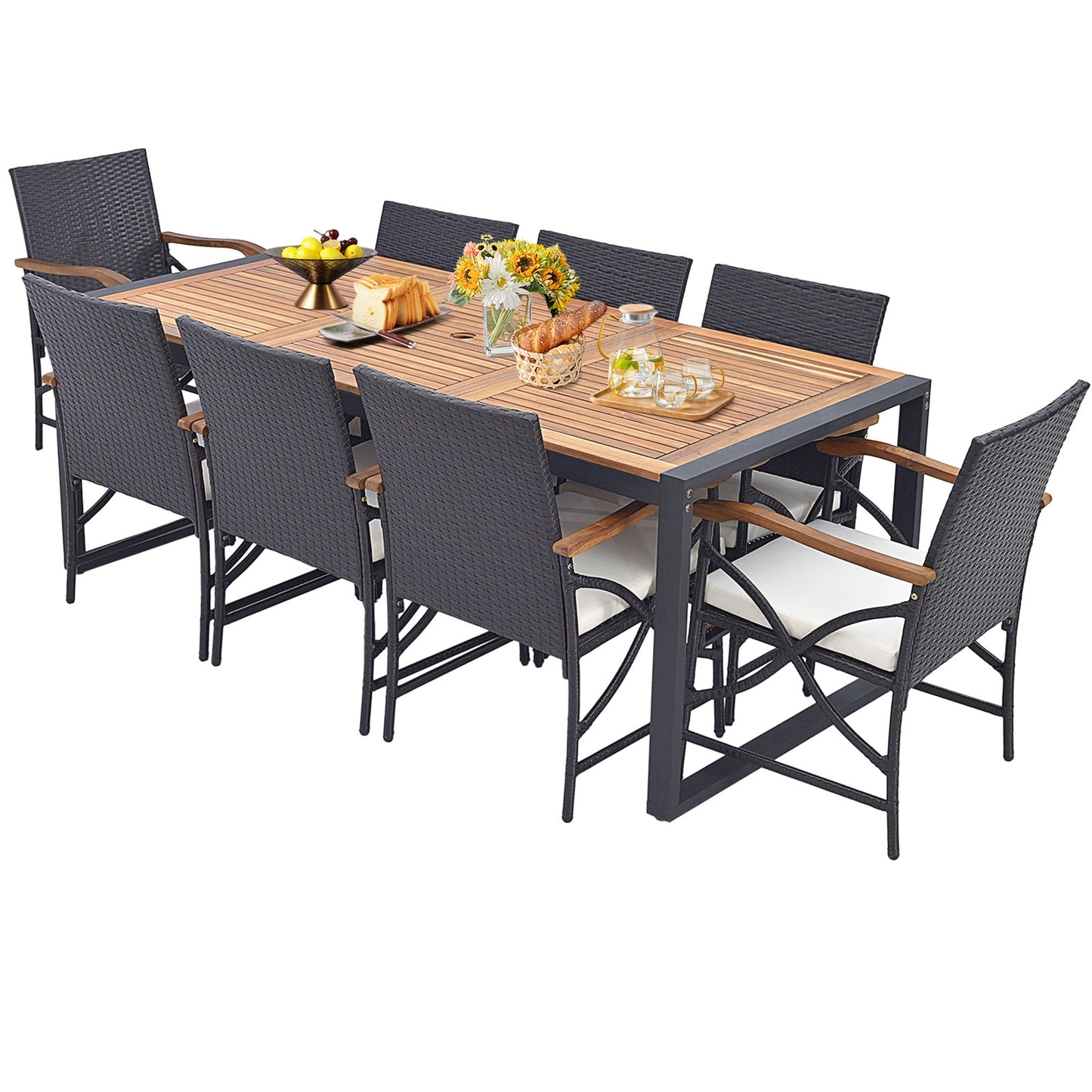 9 Pieces Patio Rattan Dining Set with Acacia Wood Table for Backyard Garden-X-side Handrail