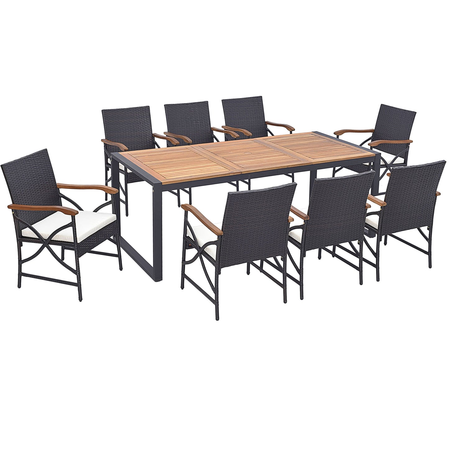9 Pieces Patio Rattan Dining Set with Acacia Wood Table for Backyard Garden-X-side Handrail