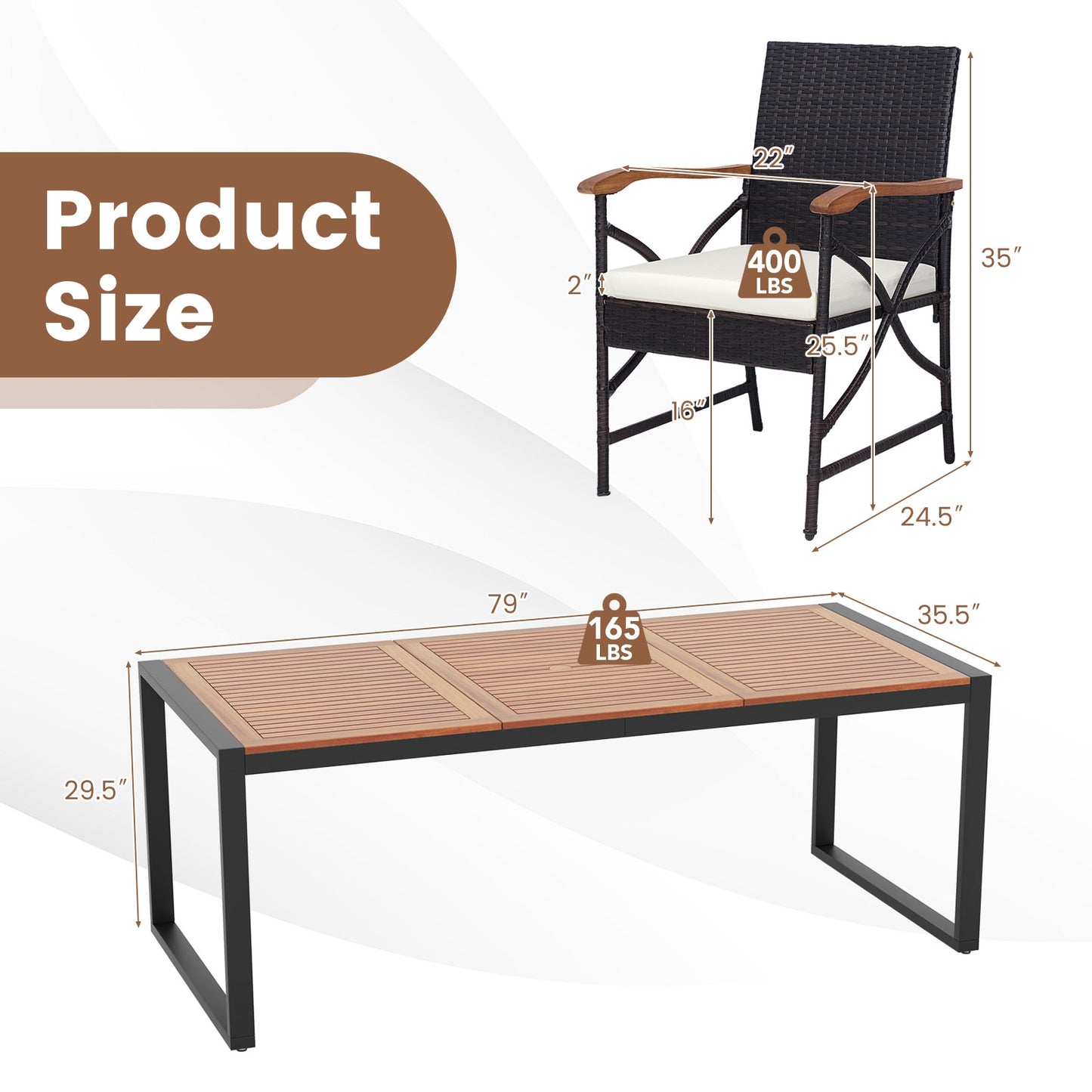 9 Pieces Patio Rattan Dining Set with Acacia Wood Table for Backyard Garden-X-side Handrail