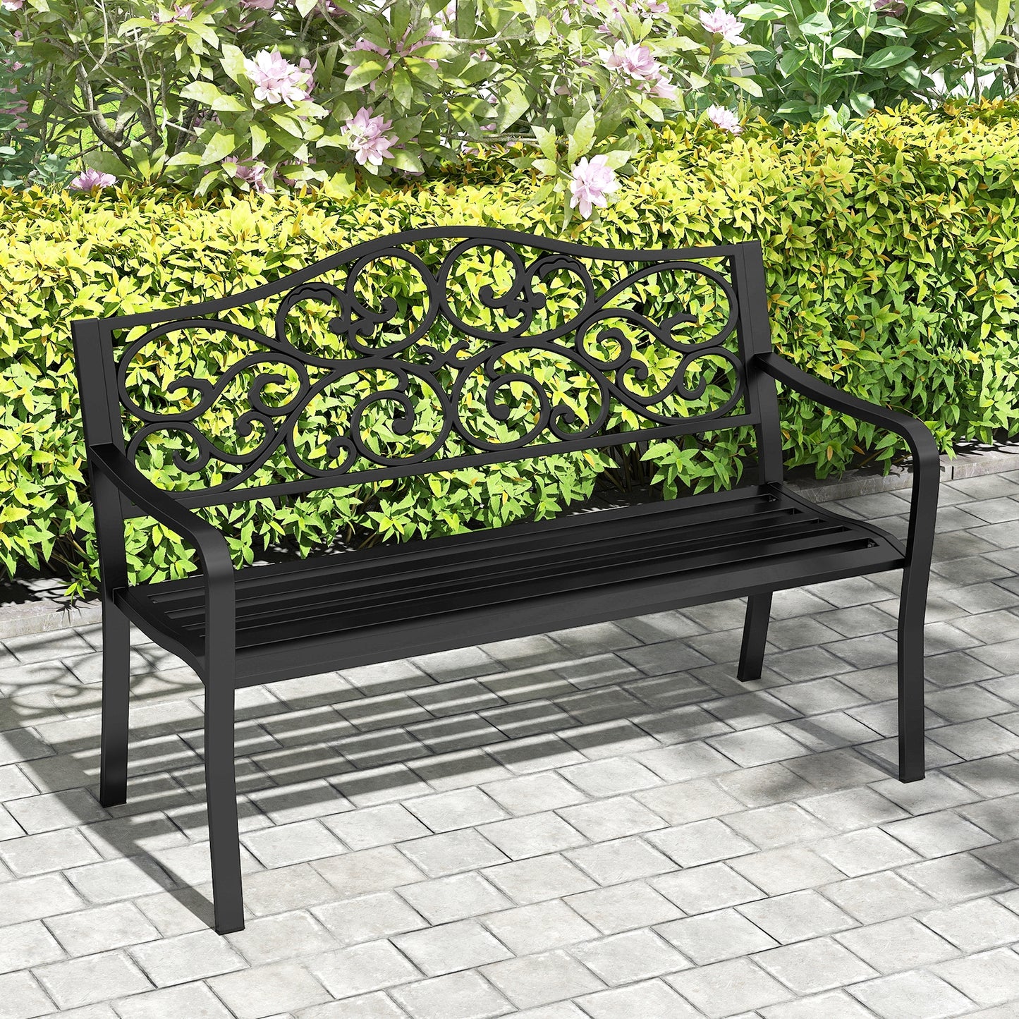 50 Inches Outdoor Garden Bench with Floral Design Backrest and Slatted Seat-Black
