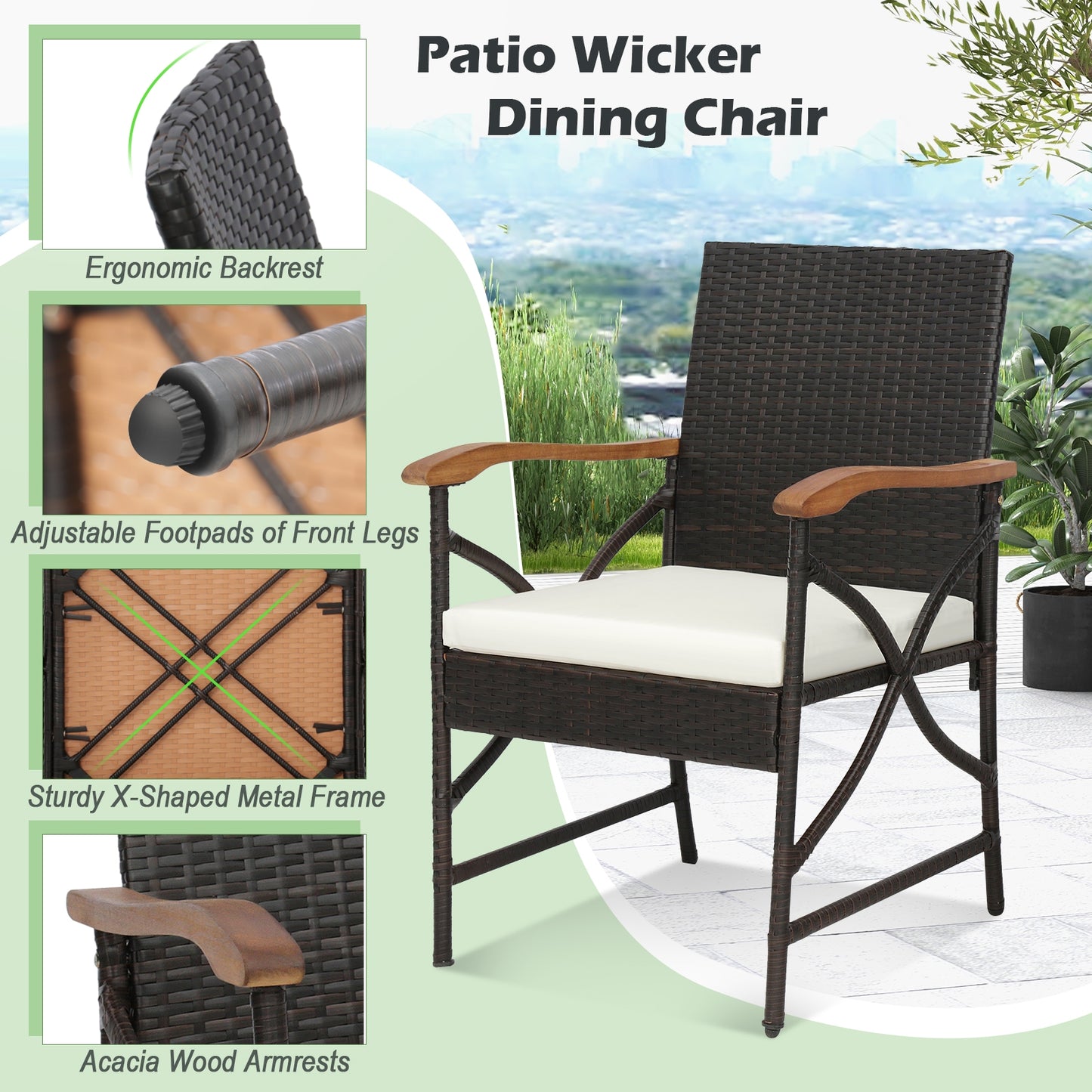 9 Pieces Patio Rattan Dining Set with Acacia Wood Table for Backyard Garden-X-side Handrail