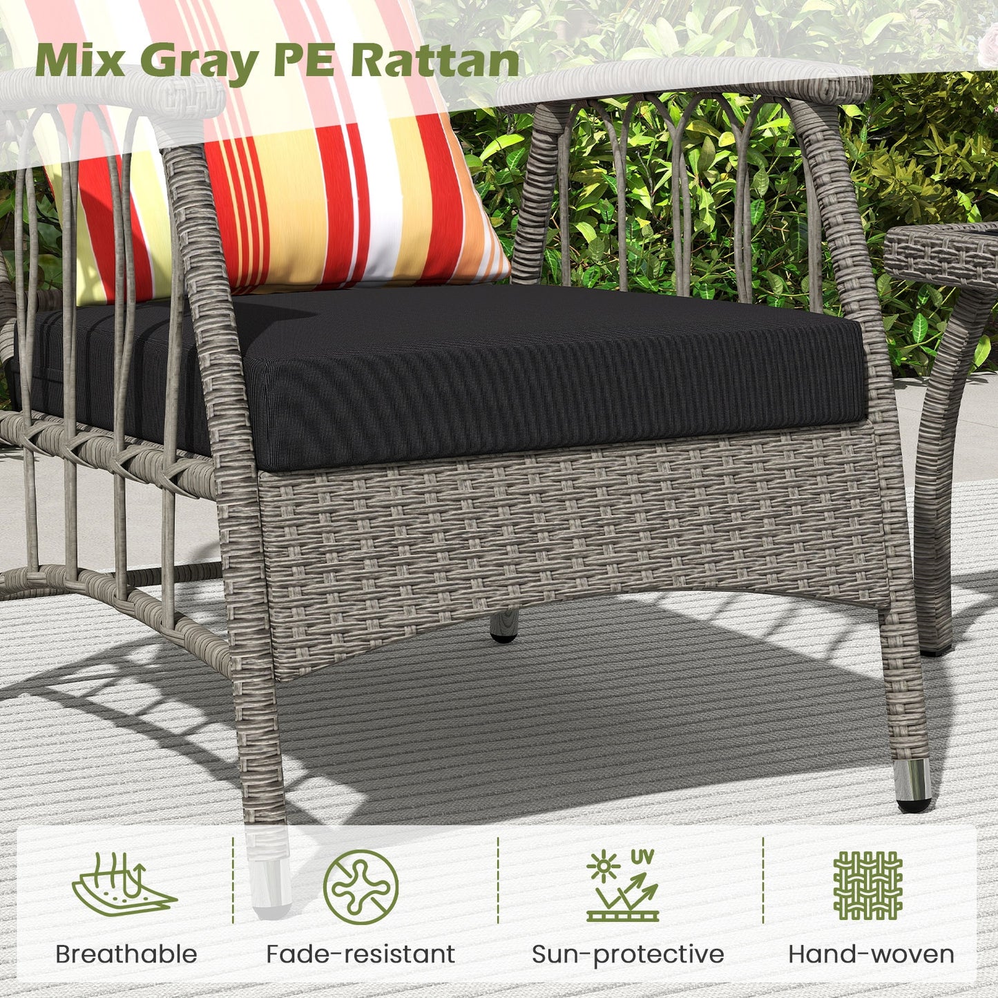 3 Pieces Patio PE Wicker Furniture Set with 5-Level Adjustable Backrest-Gray