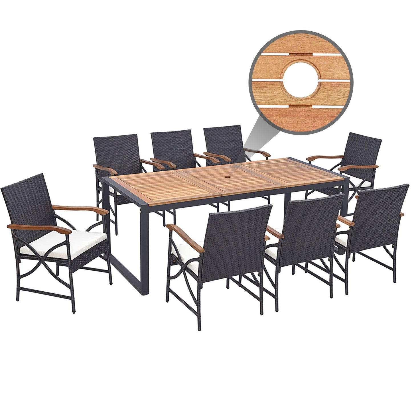 9 Pieces Patio Rattan Dining Set with Acacia Wood Table for Backyard Garden-X-side Handrail
