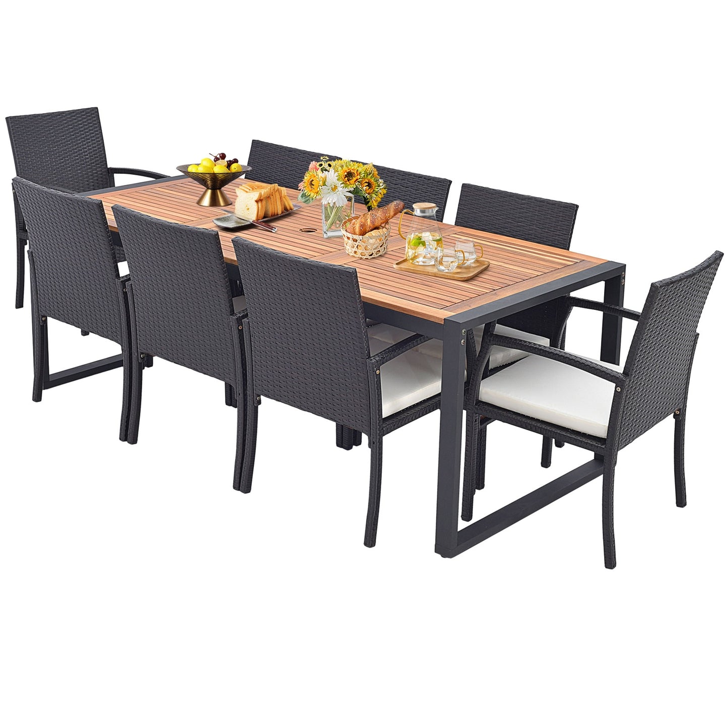 9 Pieces Patio Rattan Dining Set with Acacia Wood Table for Backyard Garden-L-shaped Handrail