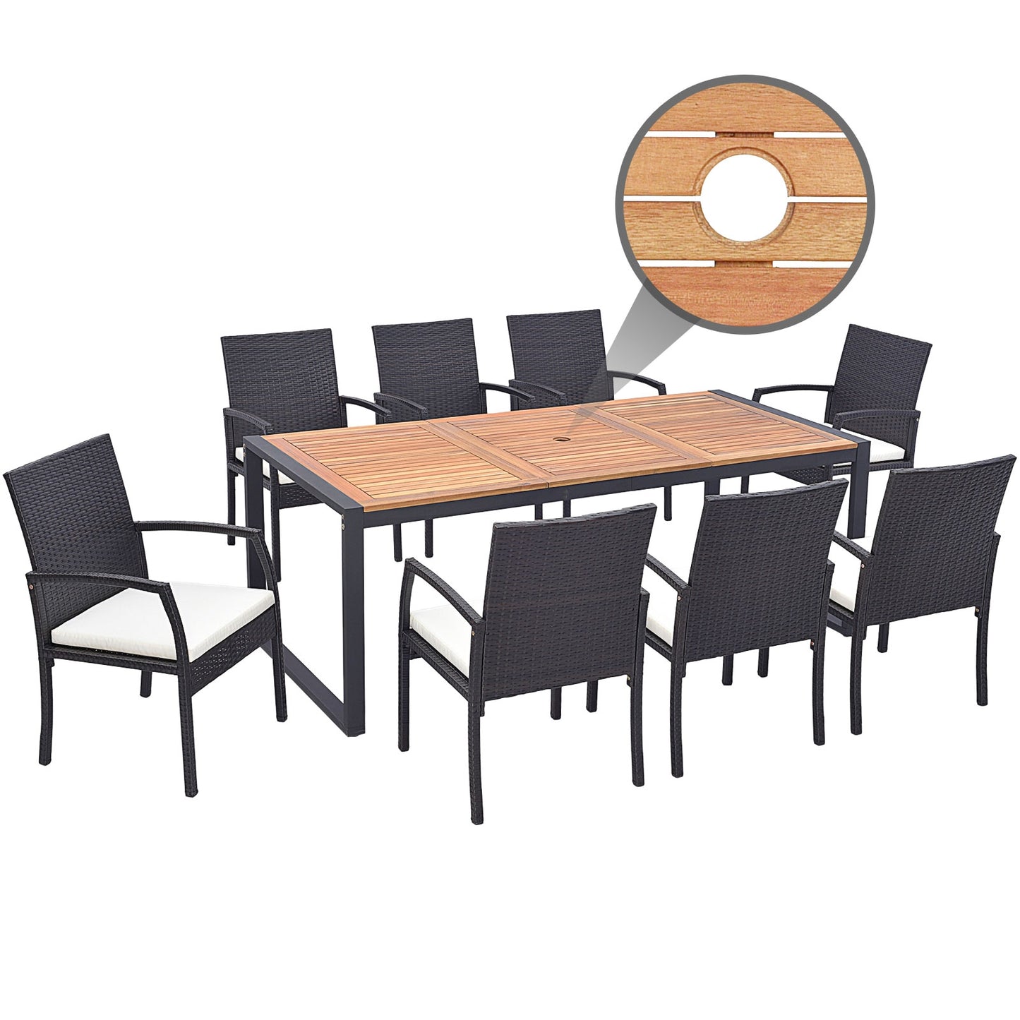 9 Pieces Patio Rattan Dining Set with Acacia Wood Table for Backyard Garden-L-shaped Handrail