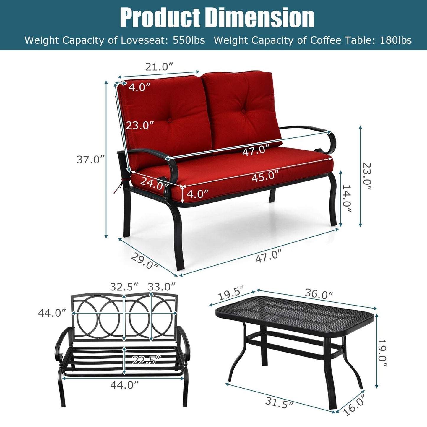 2 Pieces Patio Loveseat Bench Table Furniture Set with Cushioned Chair-Red