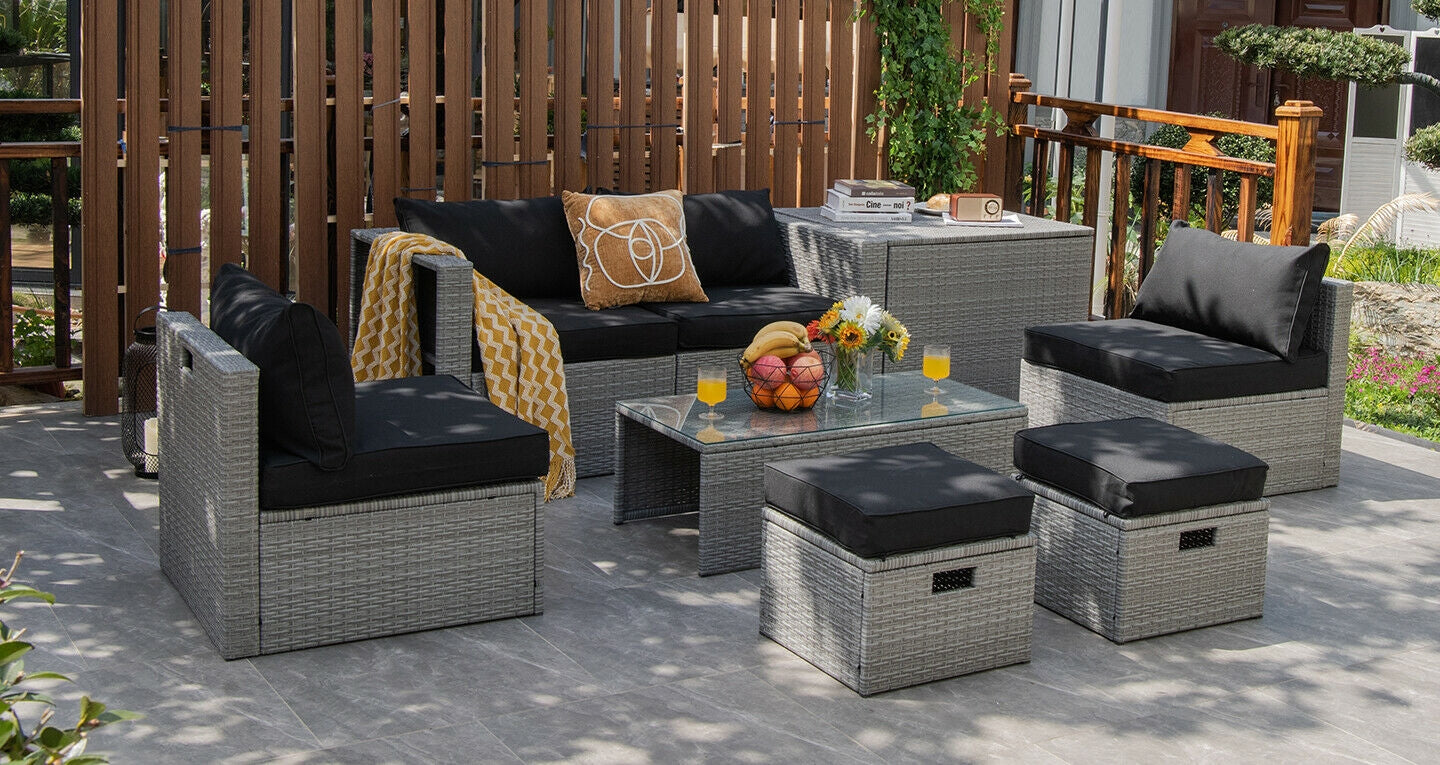 8 Pieces Patio Rattan Furniture Set with Storage Waterproof Cover and Cushion-Black