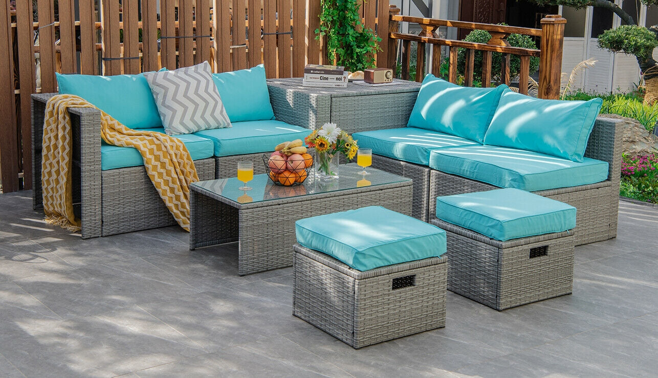 8 Pieces Patio Rattan Furniture Set with Storage Waterproof Cover and Cushion-Turquoise
