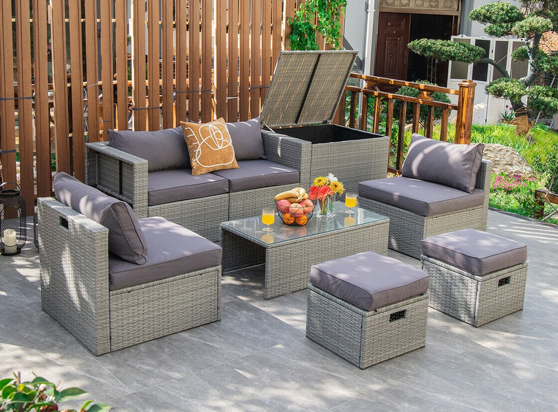 8 Pieces Patio Rattan Furniture Set with Storage Waterproof Cover and Cushion-Gray