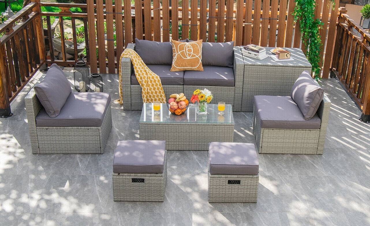 8 Pieces Patio Rattan Furniture Set with Storage Waterproof Cover and Cushion-Gray
