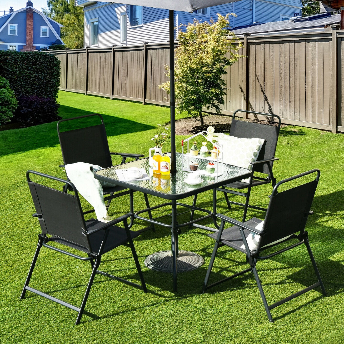 6 Pieces Patio Dining Set with Umbrella-Gray