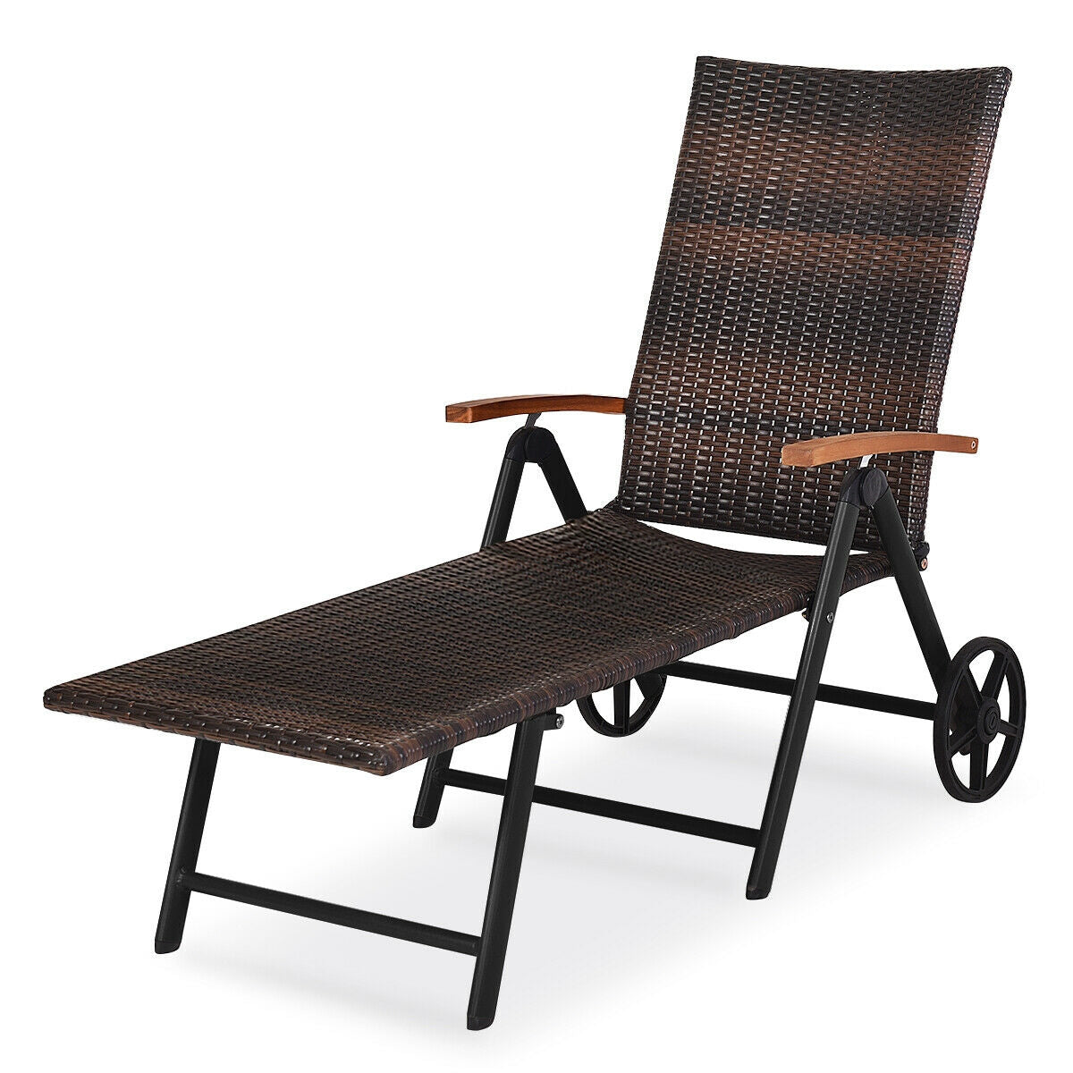 Outdoor Chaise Lounge Chair Rattan Lounger Recliner Chair-Beige