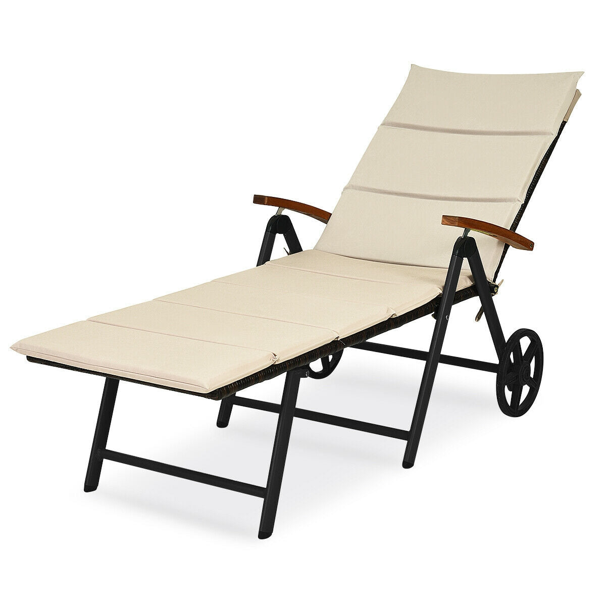 Outdoor Chaise Lounge Chair Rattan Lounger Recliner Chair-Beige