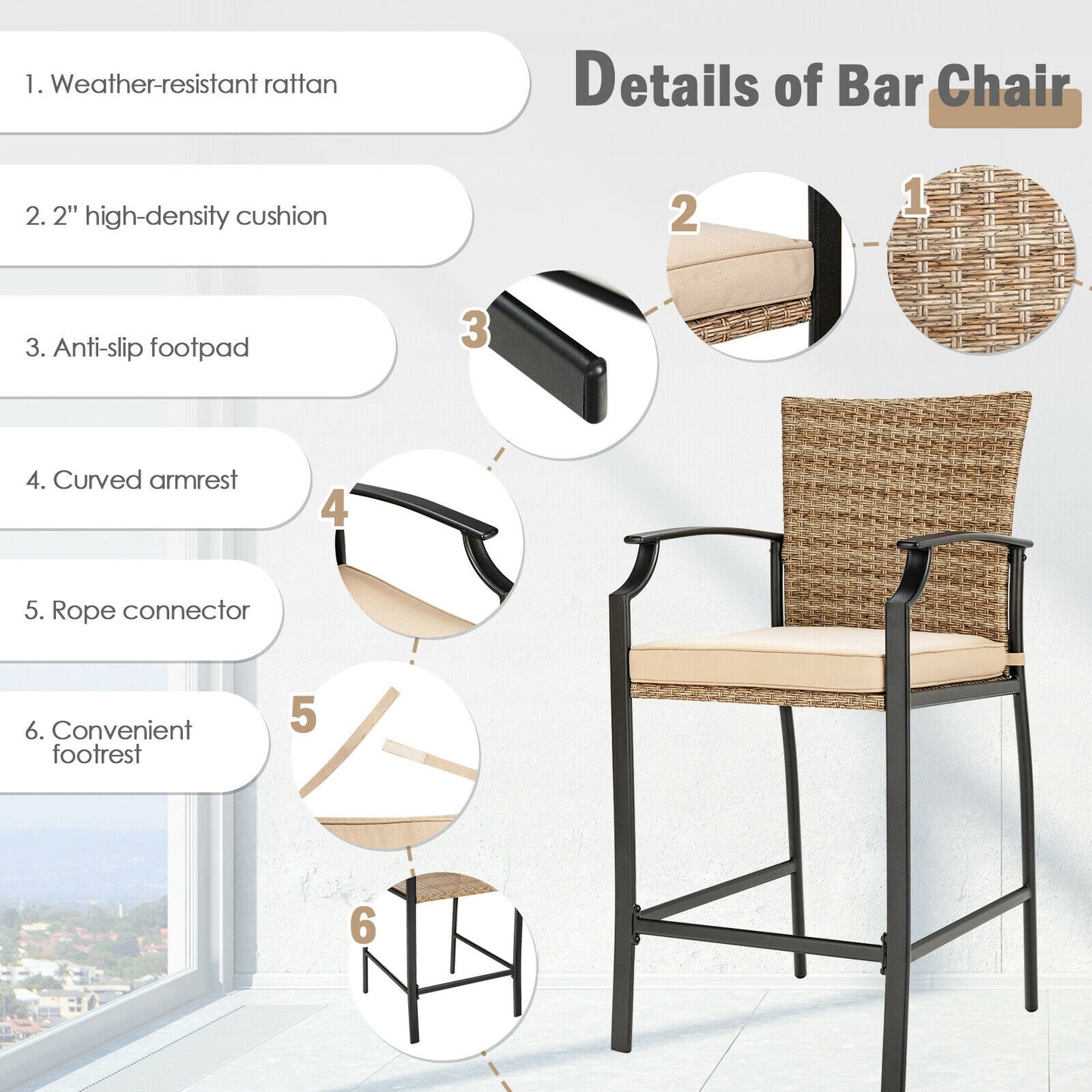5 Pieces Outdoor Rattan Bistro Bar Stool Table Set with Cushions